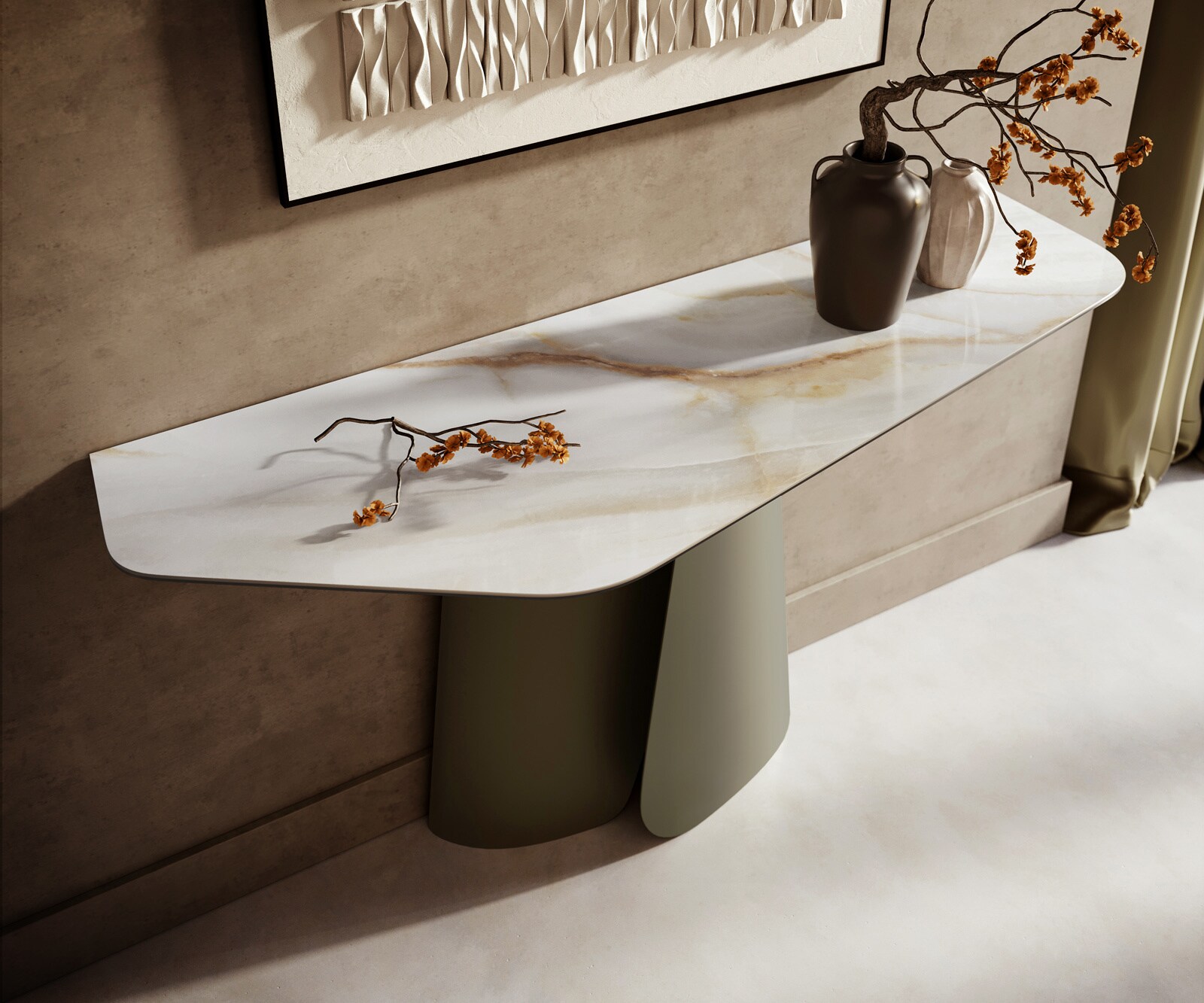 Console Edge Polygonal 140x50 cm Céramique Onyx Pearl Livos Métal Effektfinish Titan 2