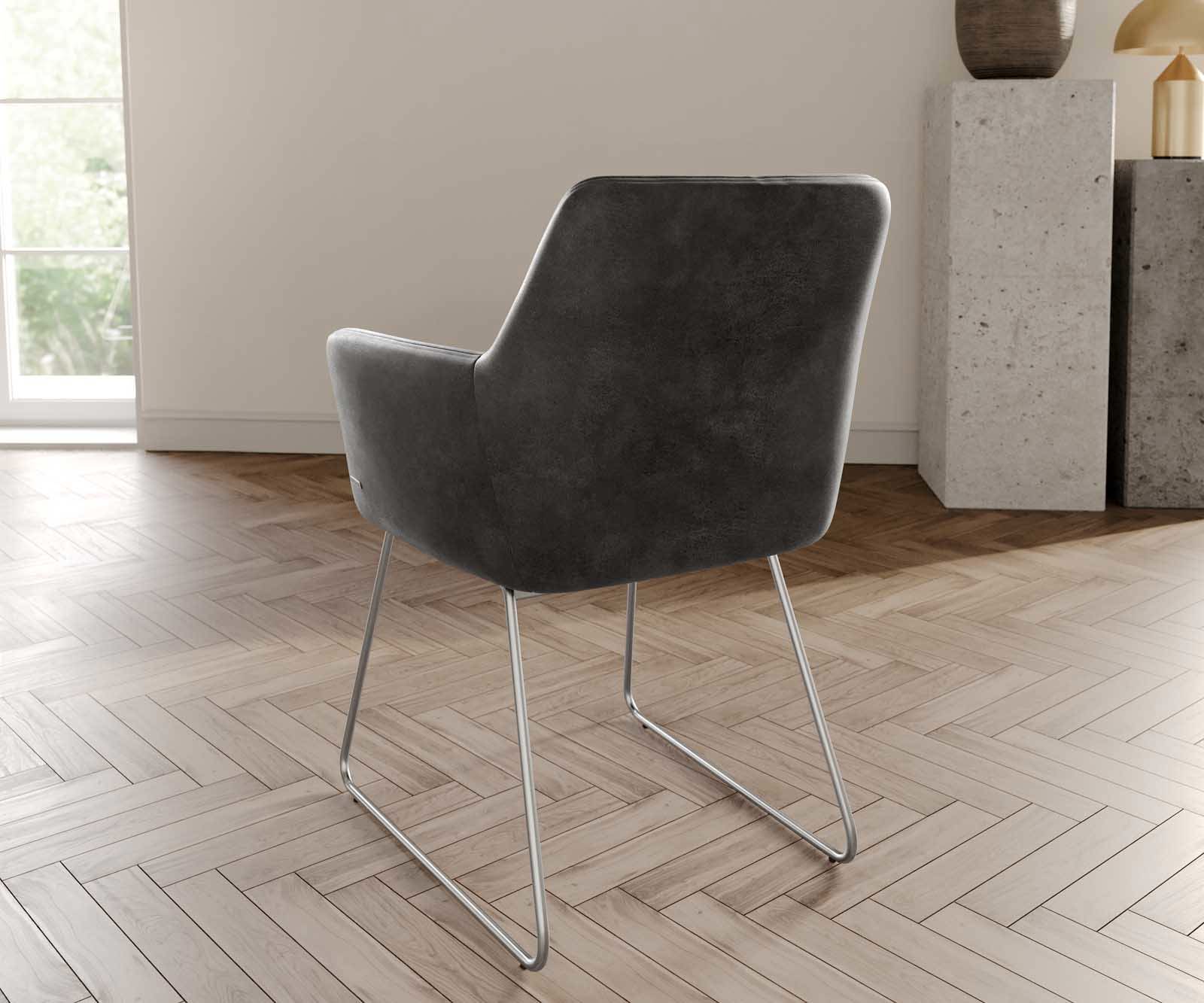 Chaise-de-salle-à-manger Xana-Flex avec accoudoirs microvelours anthracite vintage pied trapèze acier inoxydable brossé ressorts ensachés 3