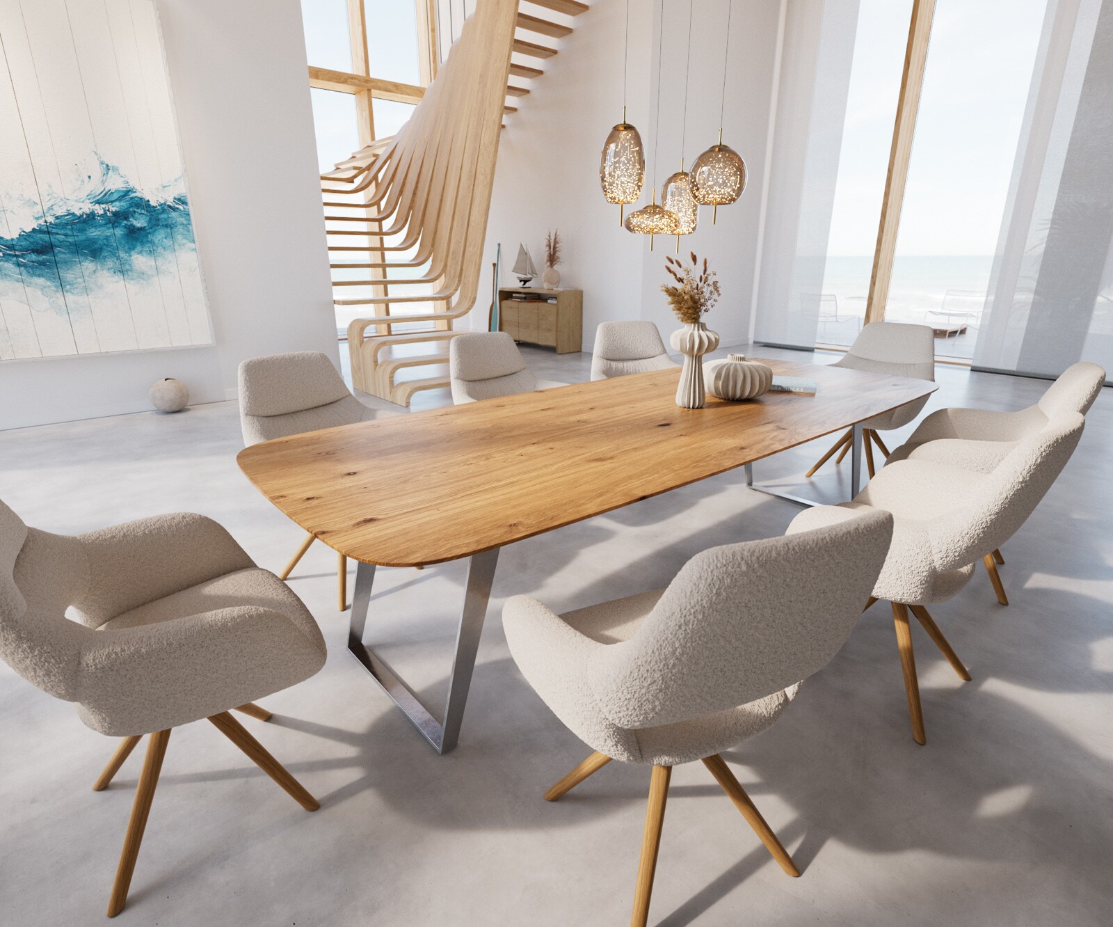 Table à manger Edge Boot 300x120x2,5-3 chêne nature acier inoxydable inclinée bord suisse 5