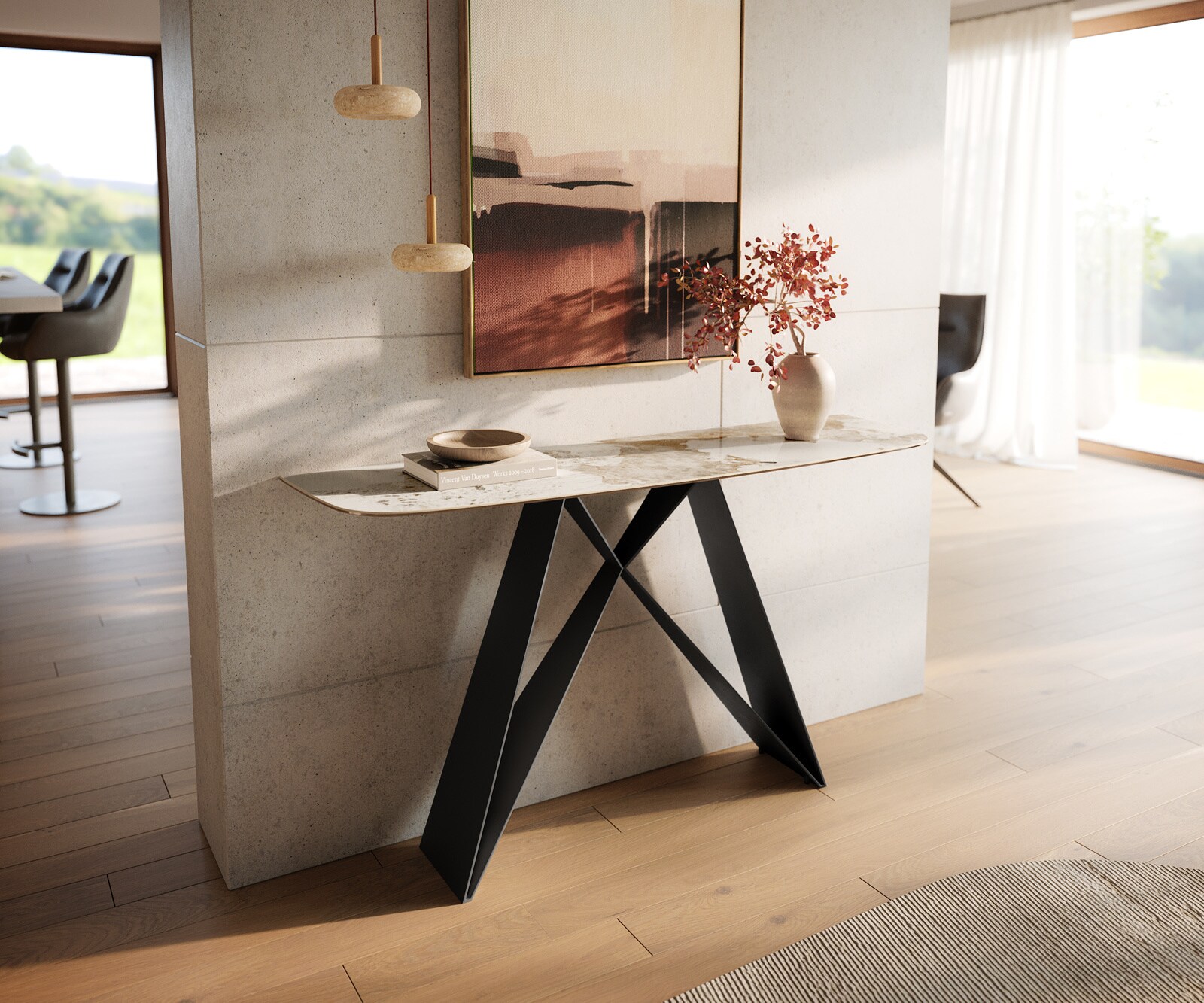 Console Edge forme bateau 140x40 cm Céramique Minas Melange Weiß-Beige Velio Métal Noir