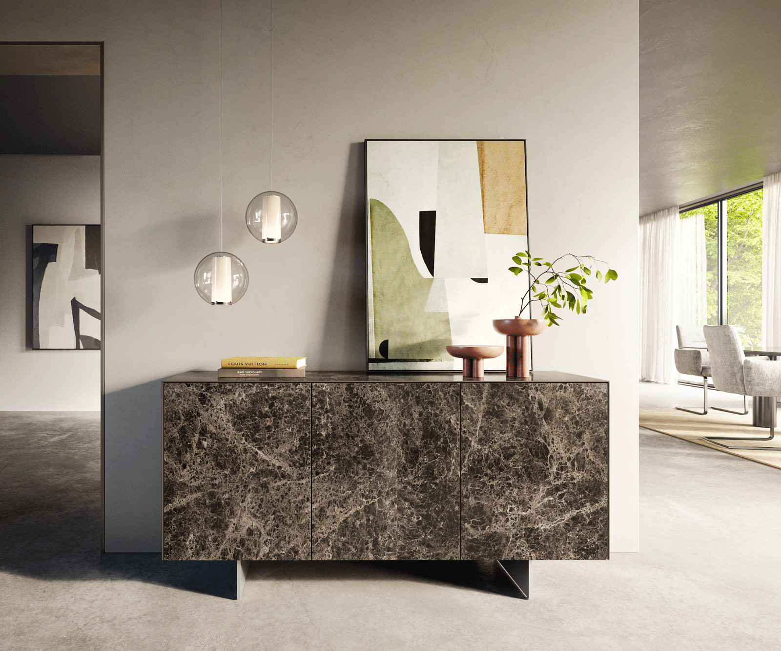 Buffet Cuor 150 cm Céramique Emperador Extra Lucidato brun foncé 3 Portes Pied optique flottant Ancier inoxydable 2
