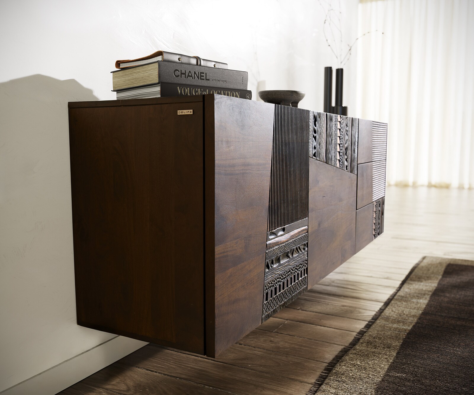 Buffet Imara 175 cm manguier brun 2 portes 3 tiroirs suspendu 5