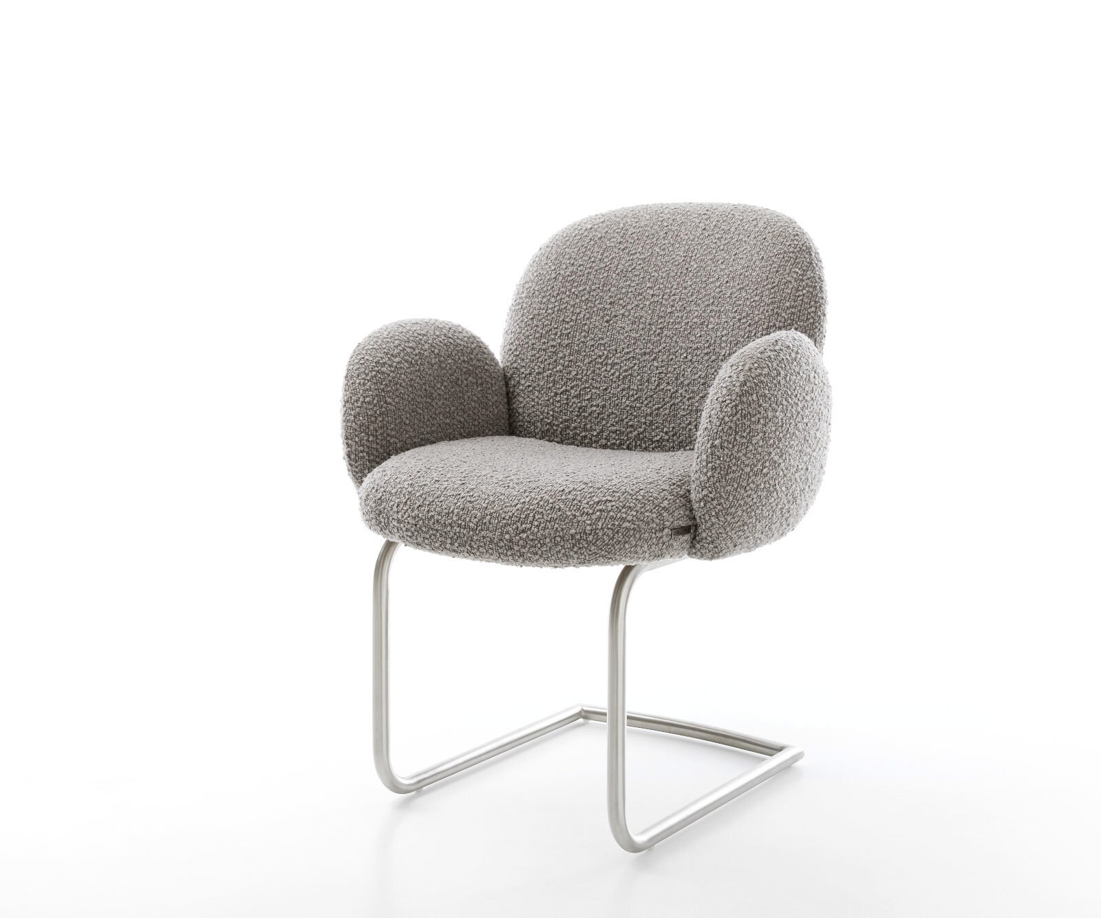 Cantilever Nube-Flex avec accoudoirs bouclé gris argenté pied cantilever rond acier inoxydable brossé ressorts ensachés