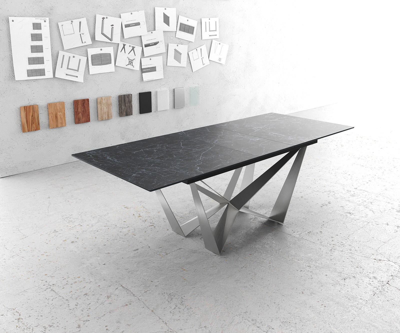 Table-à-manger Edge 180-220x90cm Laminam® céramique gris pieds milieu acier plat argent