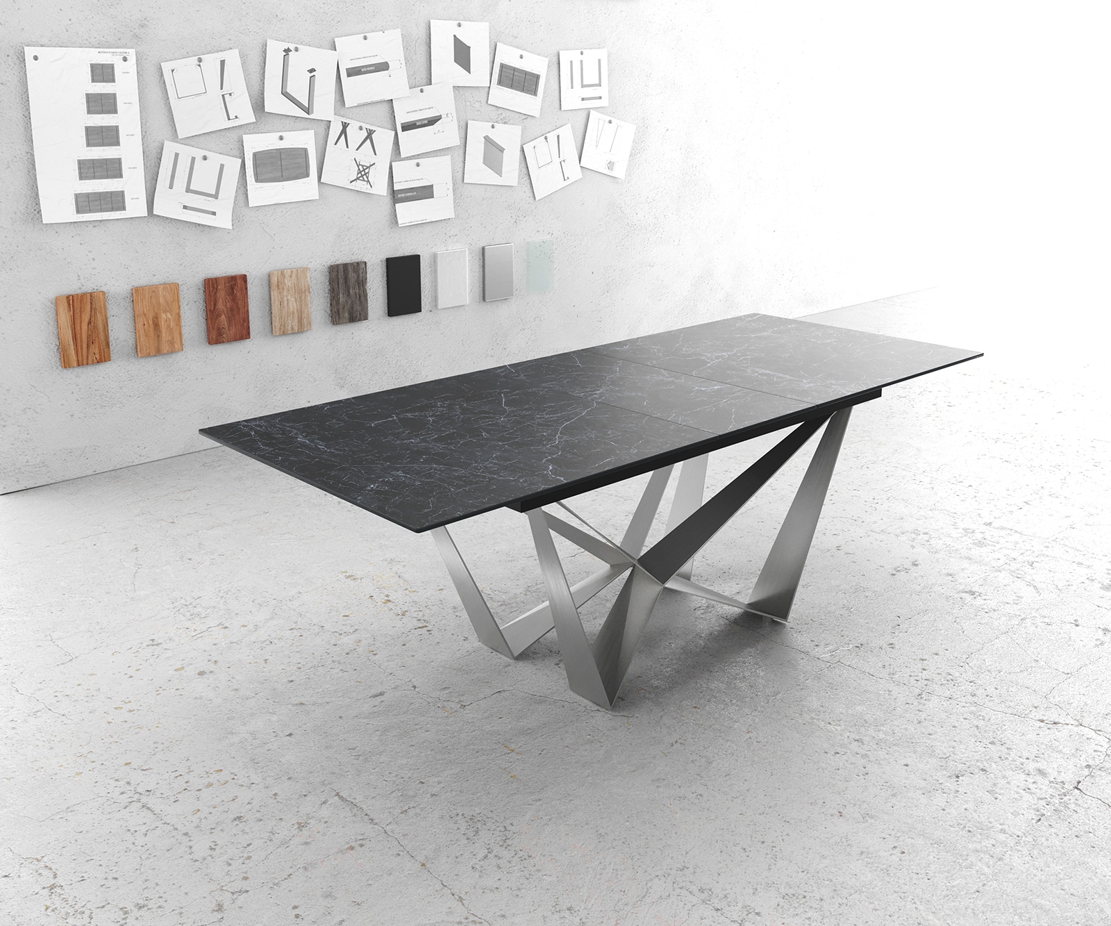 Table-à-manger Edge 180-220x90cm Laminam® céramique gris pieds milieu acier plat argent Table-à-manger Edge 180-220x90cm Laminam® céramique gris pieds milieu acier plat argent