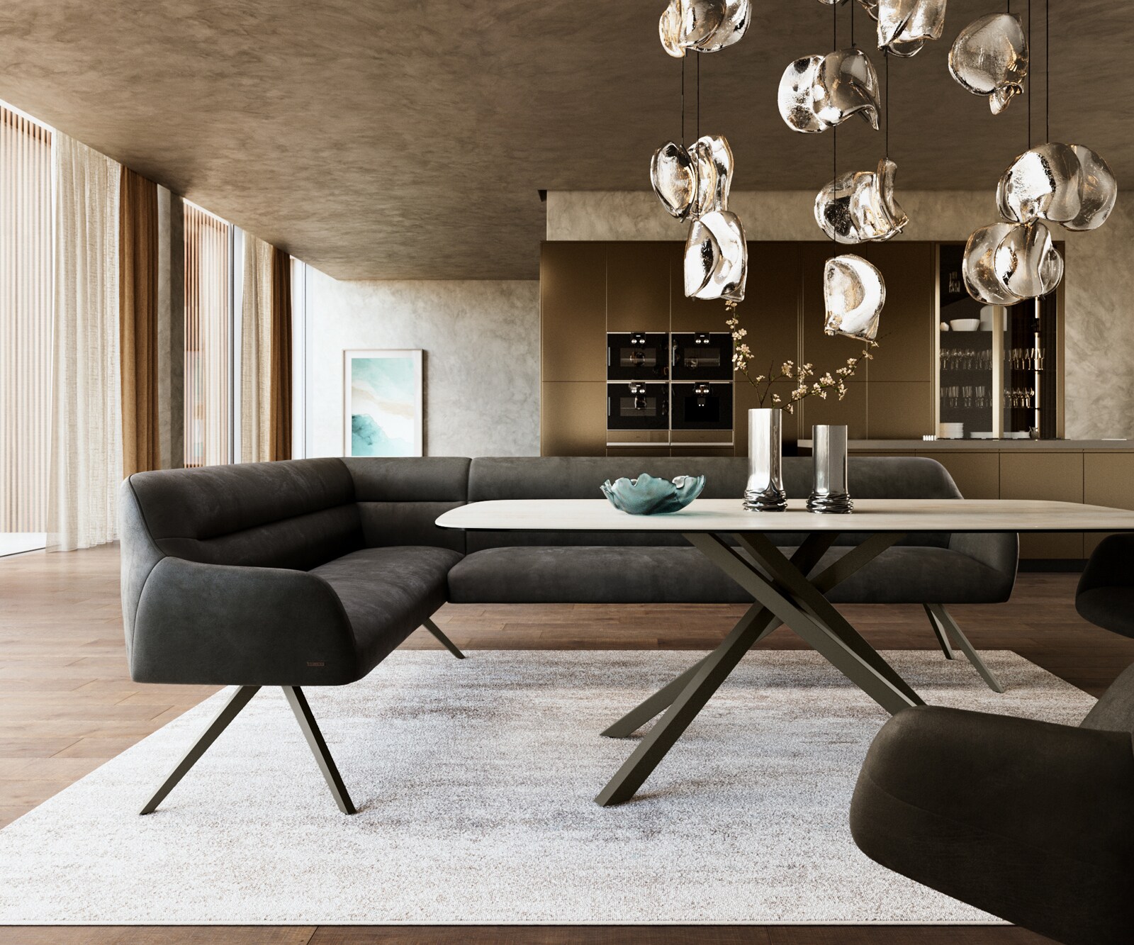 Banc-de-salle-à-manger Taya-Flex 285x190 cm microfibre antracite vintage pied croisé angulaire titane ressort ensaché à droite 2