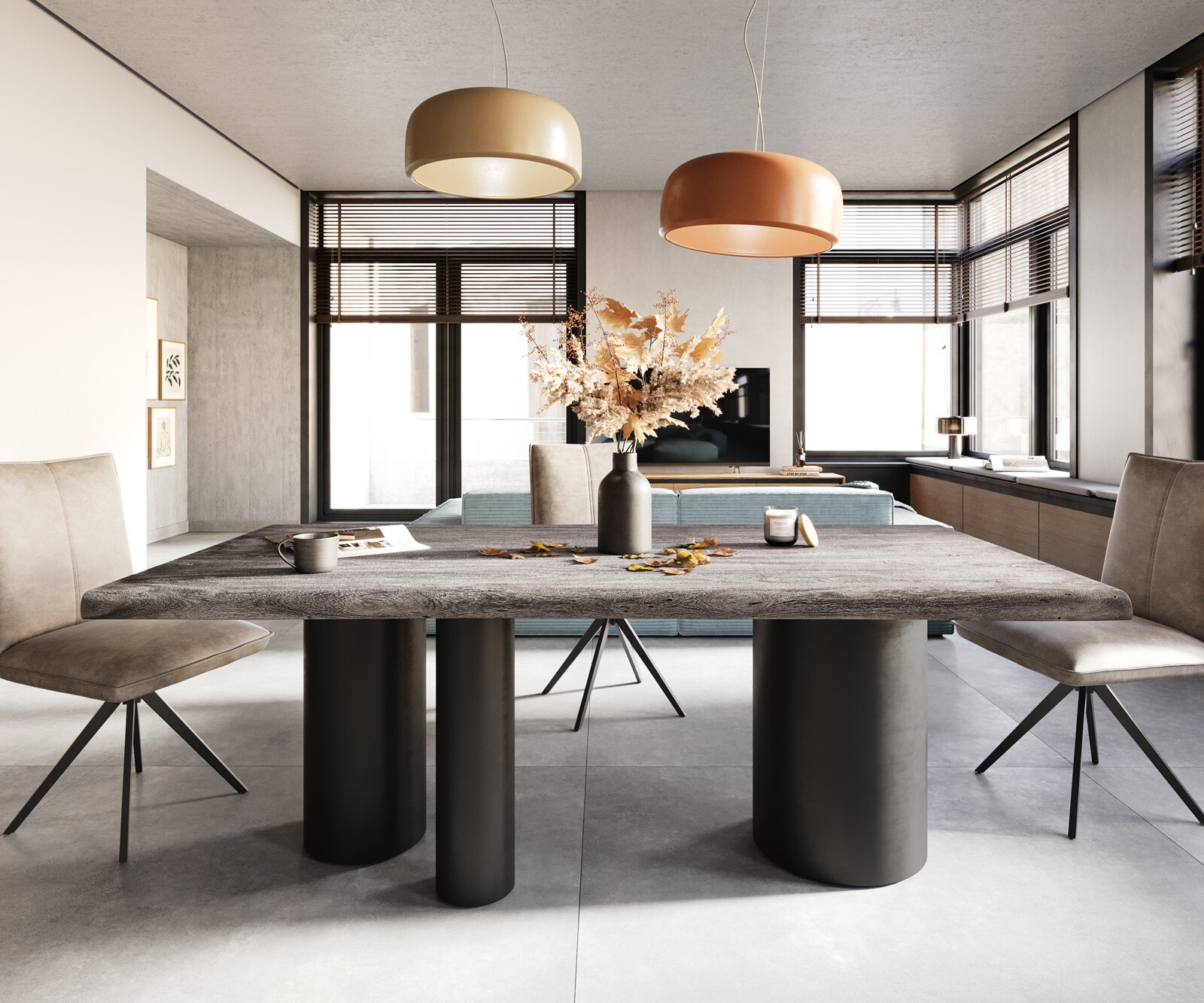 Table à manger Edge 200x100 XL acacia platine Troa métal noir Live-Edge 1