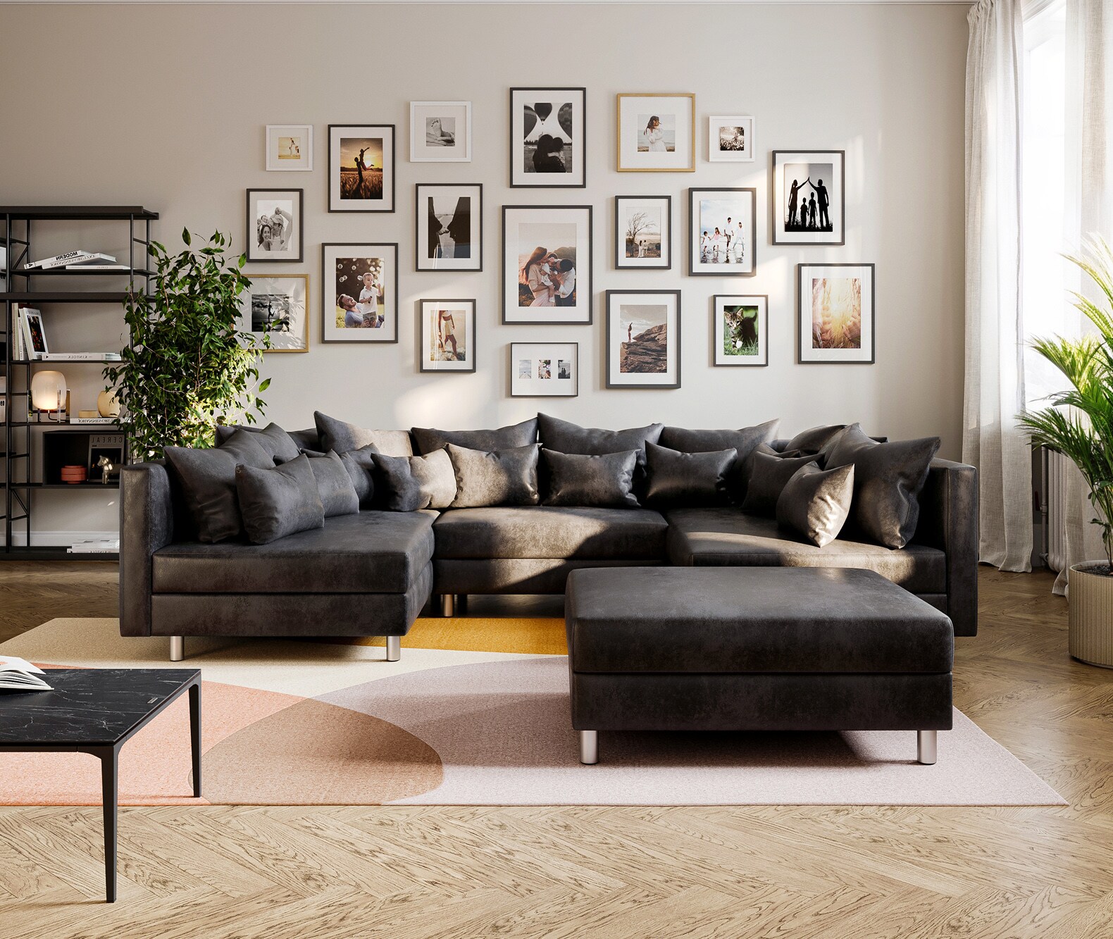 Canapé-panoramique Clovis Anthracite look Antique Modulable avec Tabouret 1