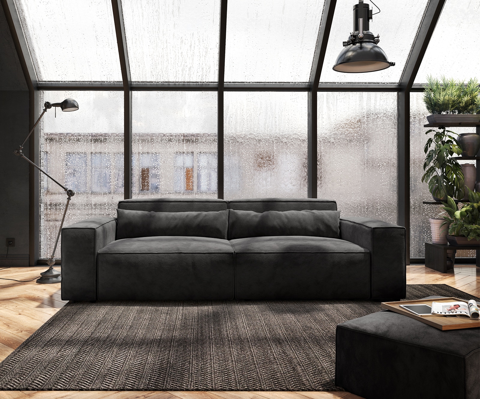 Grand Canapé Sirpio 230x95 cm Microfibre Noir avec Tabouret 2