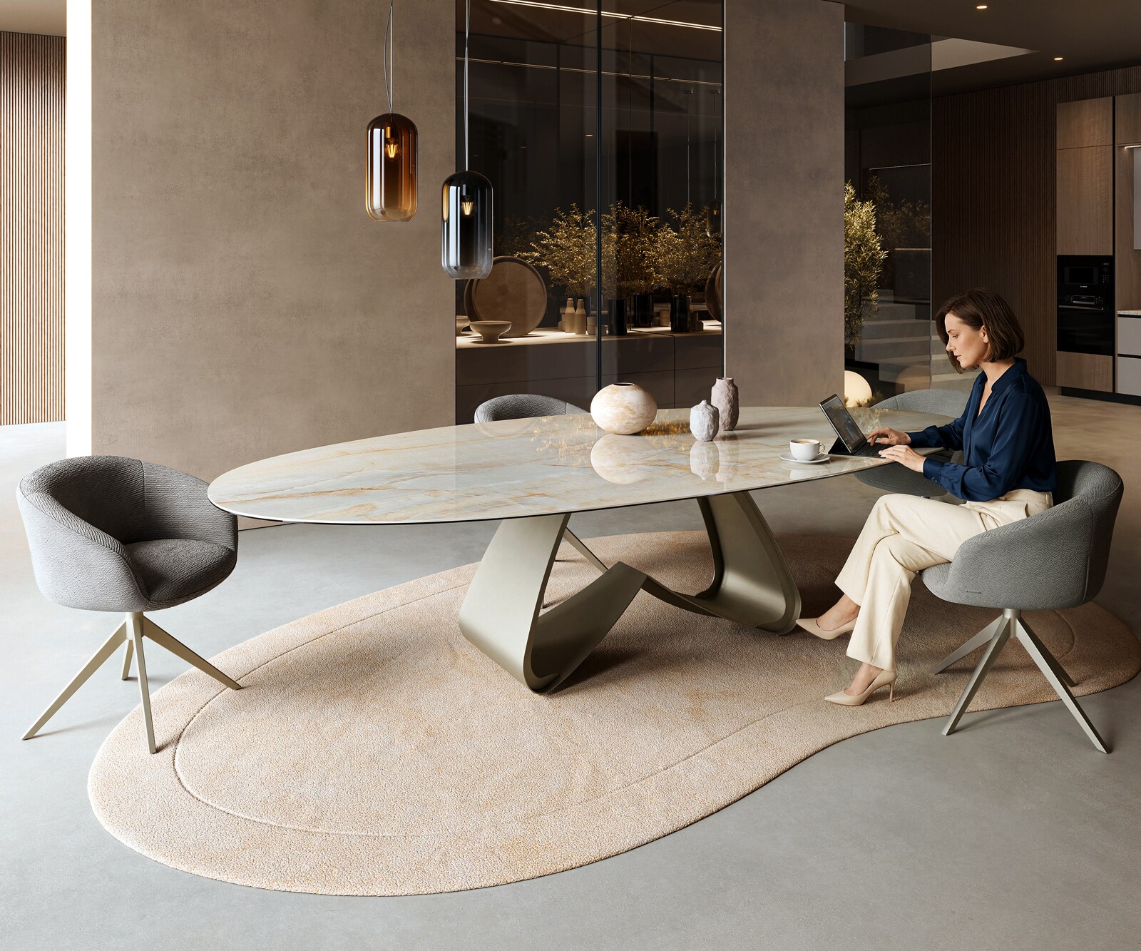 Table à manger Edge Oval 315x150 cm Céramique Iris FMG Onice Oro piètement en W Métal Finition effet Titan 7