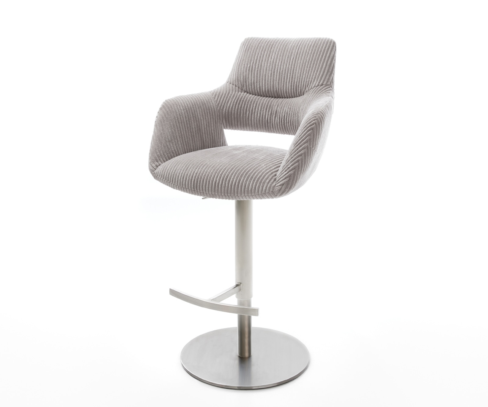 Chaise-de-bar Yago-Flex Cordon gris argenté Pied pivotant réglable en hauteur Acier inoxydable pivotant Ressorts ensachés Chaise-de-bar Yago-Flex Cordon gris argenté Pied pivotant réglable en hauteur Acier inoxydable pivotant Ressorts ensachés