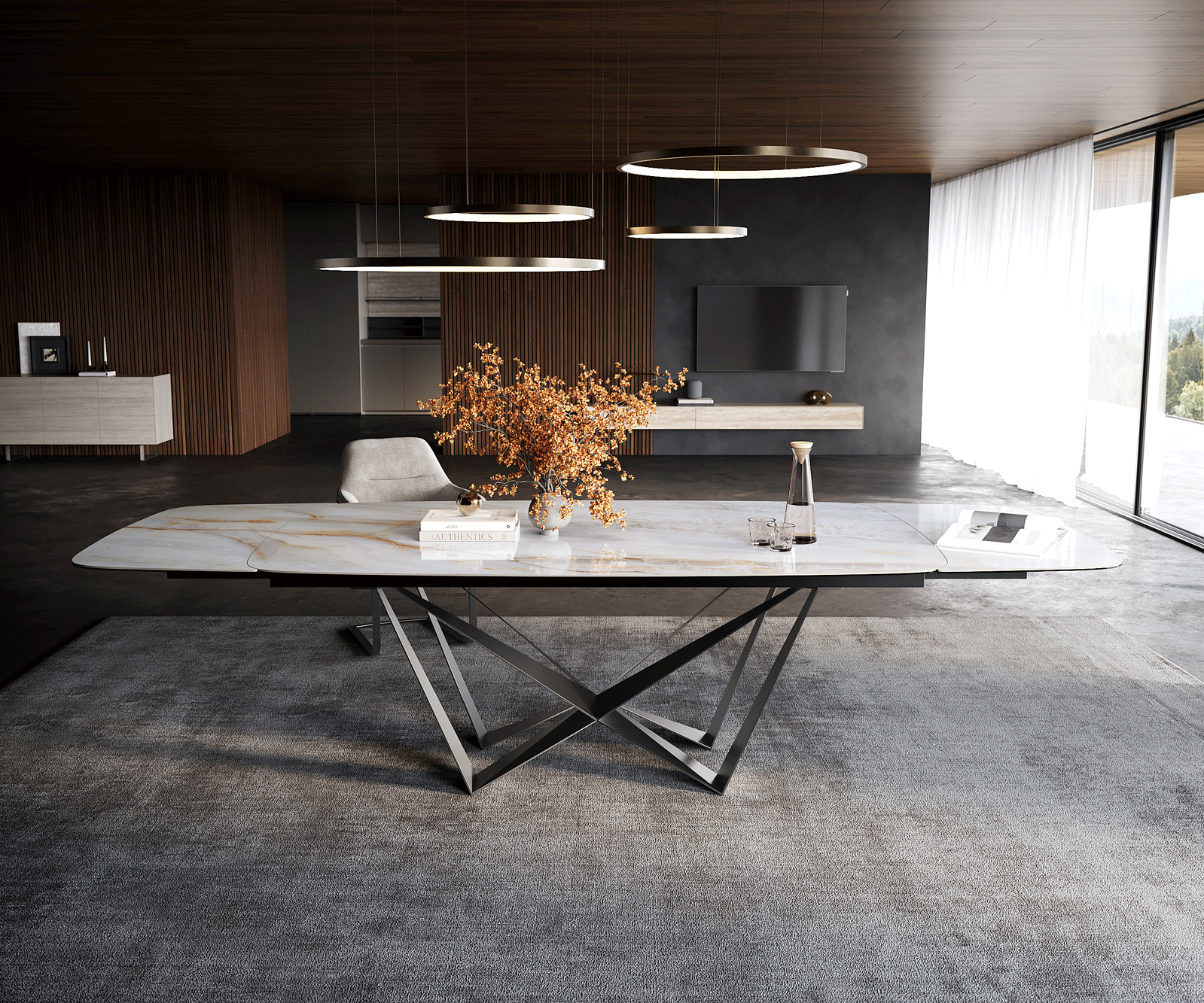 Table à manger Edge Boot 200-300x120 cm Céramique Onyx Pearl Spider Acier plat Acier inoxydable Graphite extensible 2