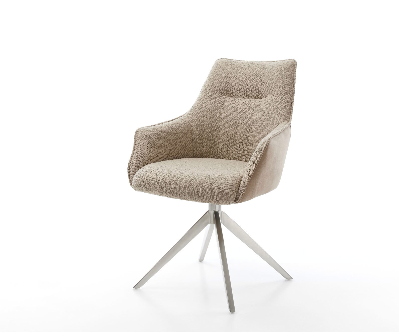 Chaise-pivotante Alja-Flex avec accoudoirs tissu mixte couleur boue pied croisé large acier inoxydable brossé pivotement sur 360° ressorts ensachés