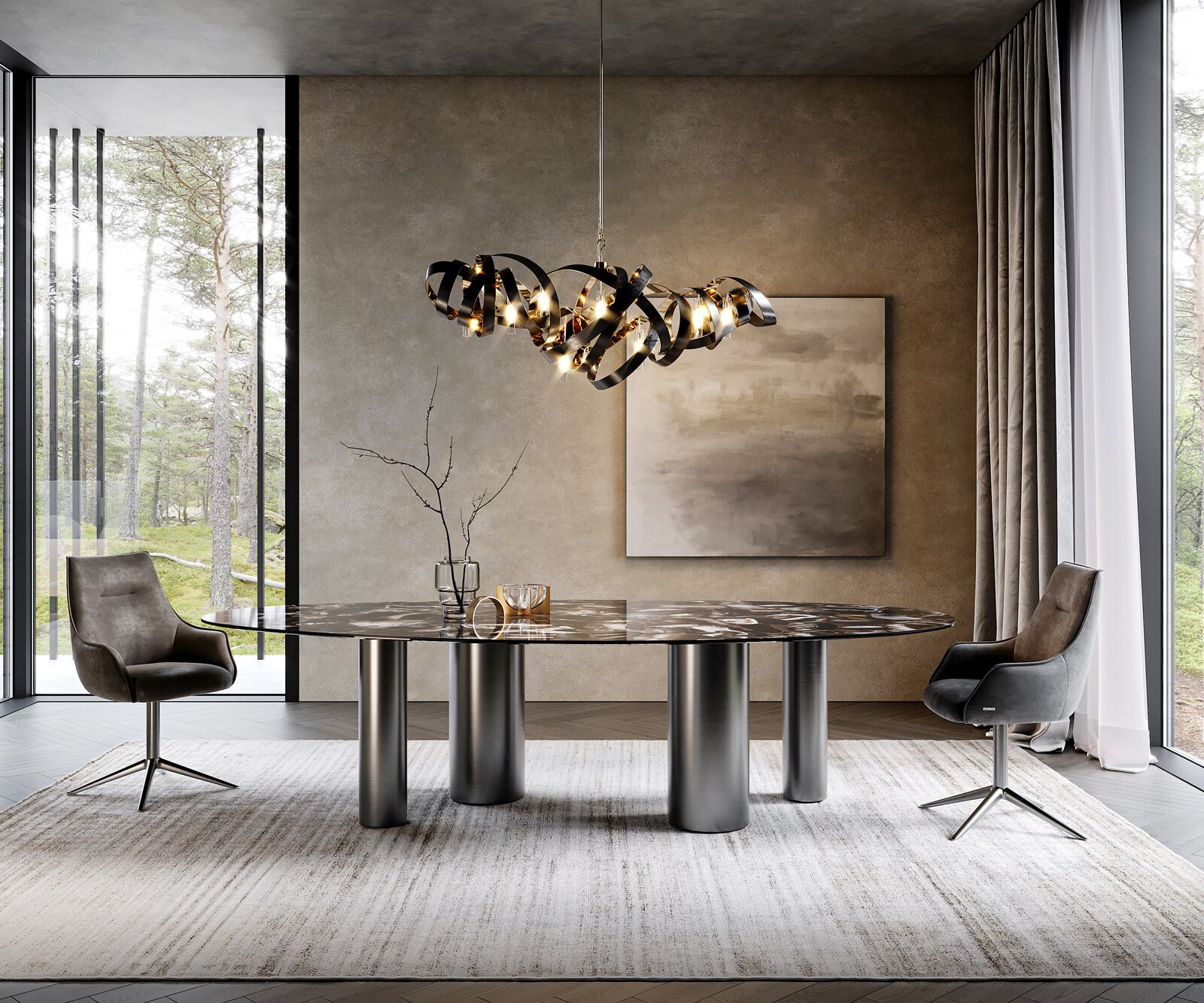 Table à manger Edge Ovale 280x130 Céramique Iris FMG Agatablack Pilier Acier inoxydable Graphite 2