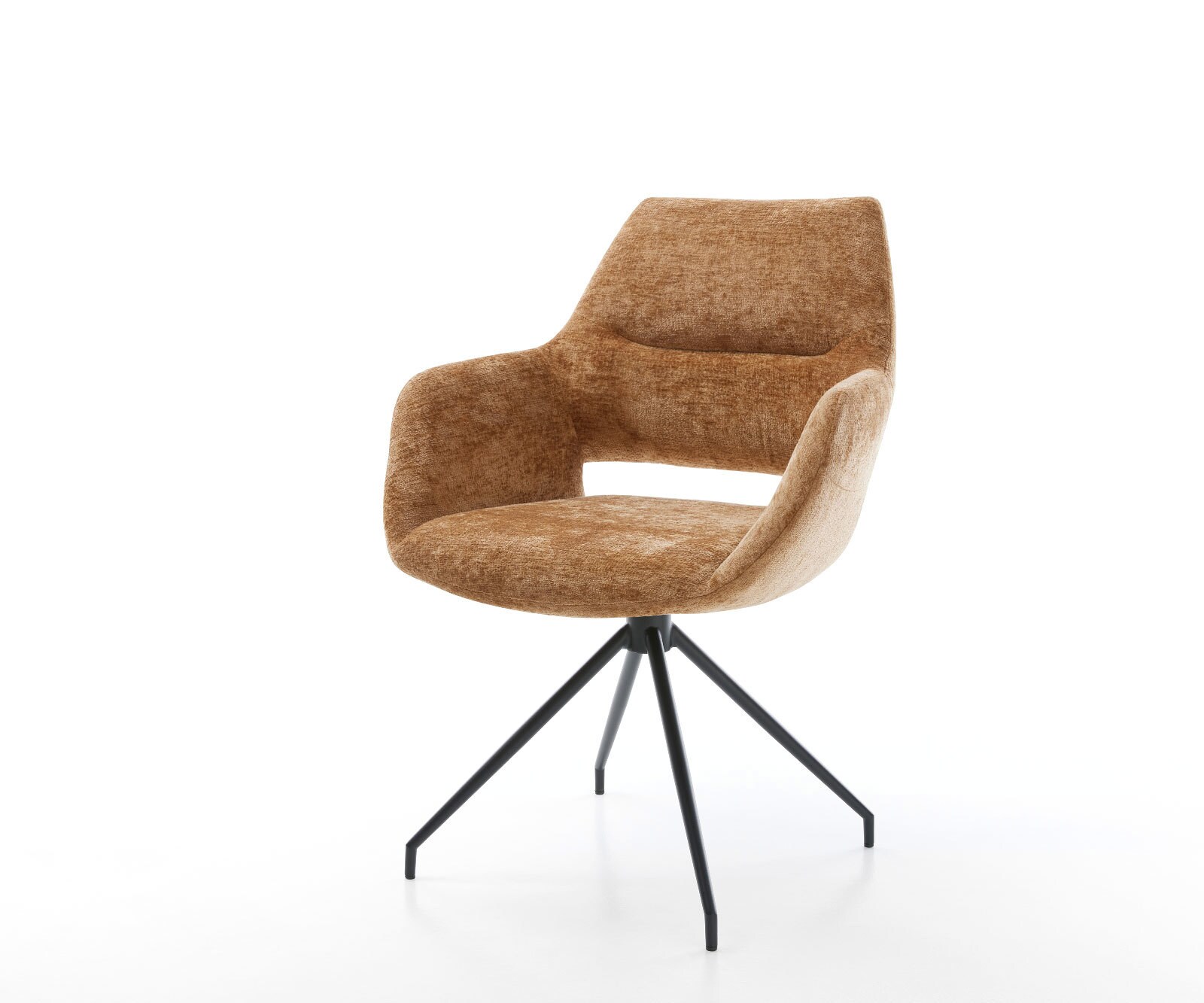 Chaise-pivotante Yago-Flex avec accoudoirs chenille rouille pied croisé conique noir pivotement sur 180° ressorts ensachés