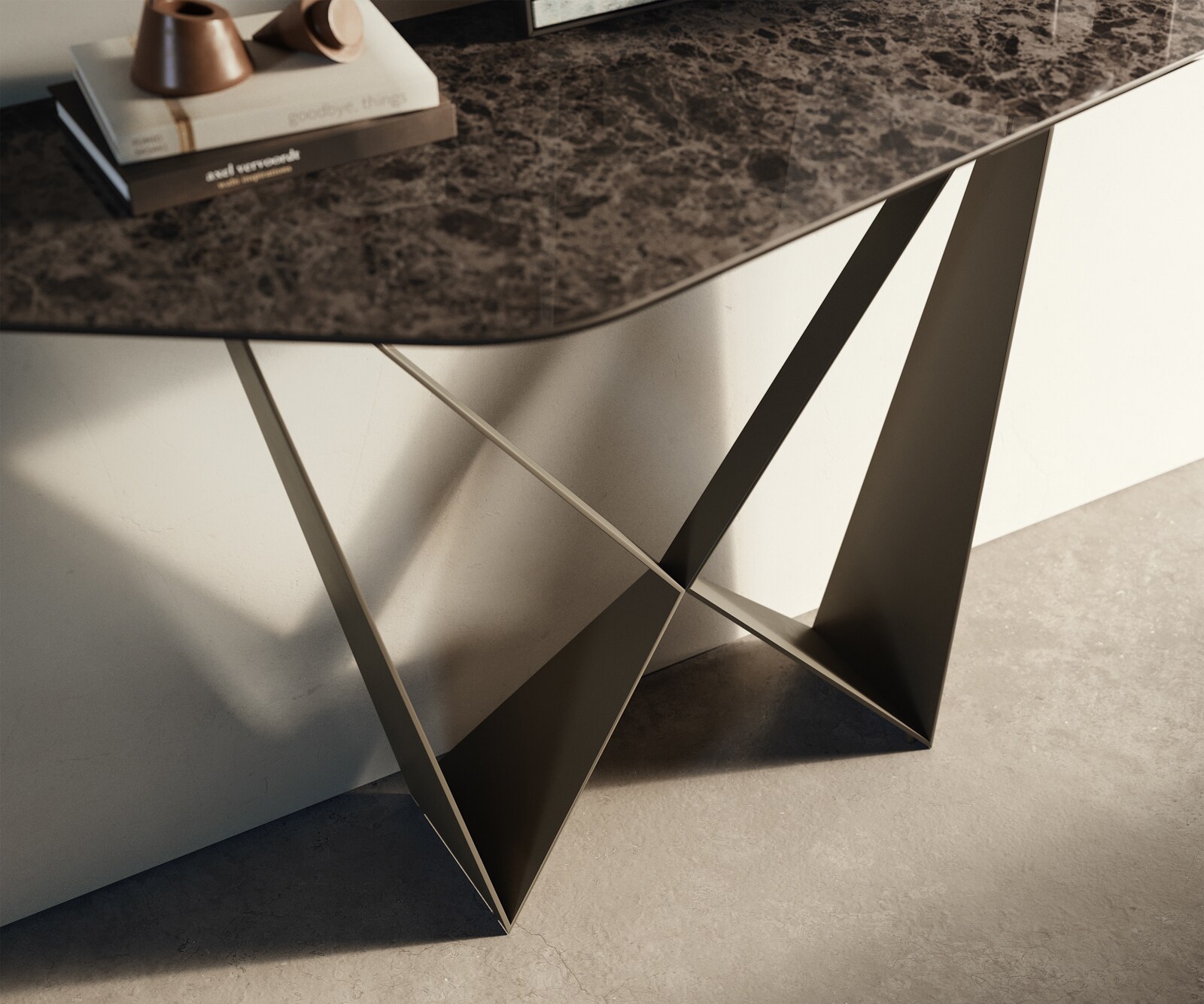 Console Edge Polygonal 140x50 cm Céramique Emperador Extra Lucidato Dunkelbraun Spios Métal Effektfinish Titan 5