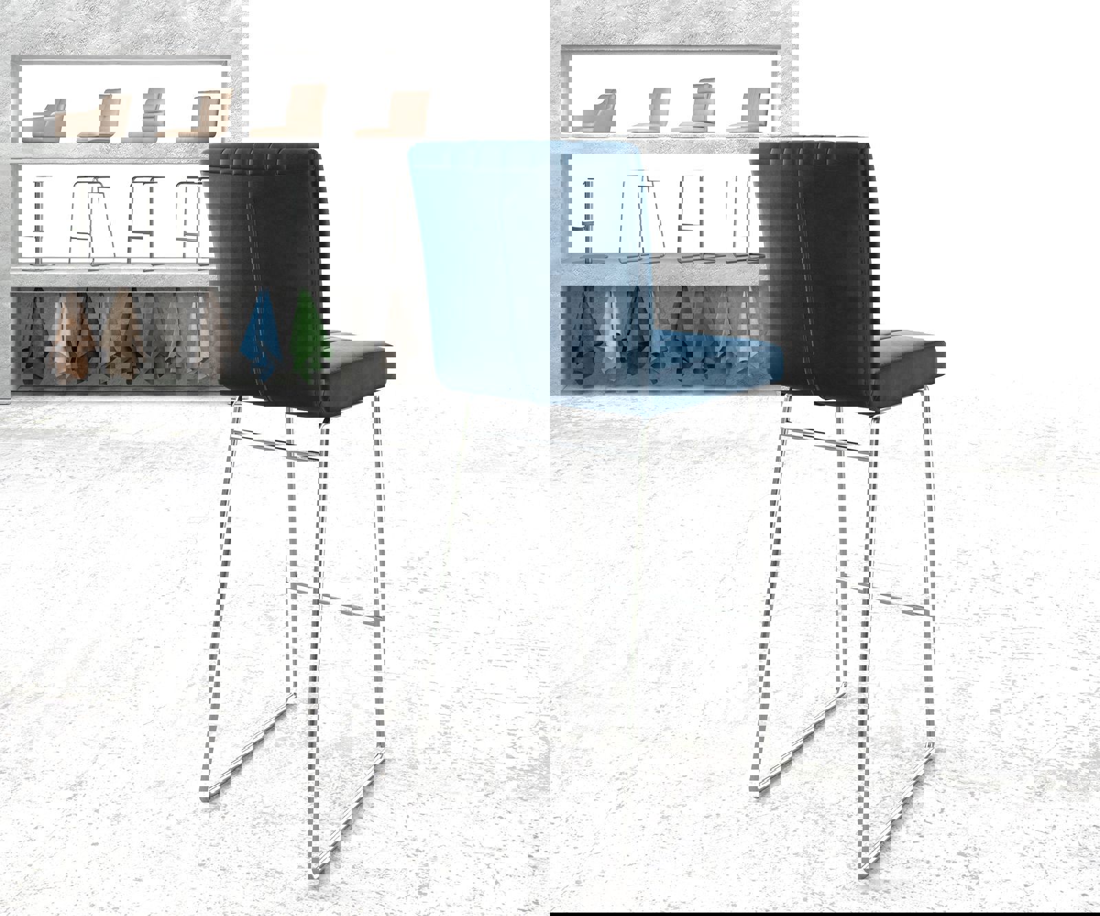 Chaise-de-bar Luiga-Flex velours bleu cadre de patins acier inoxydable 2 Chaise-de-bar Luiga-Flex velours bleu cadre de patins acier inoxydable 2