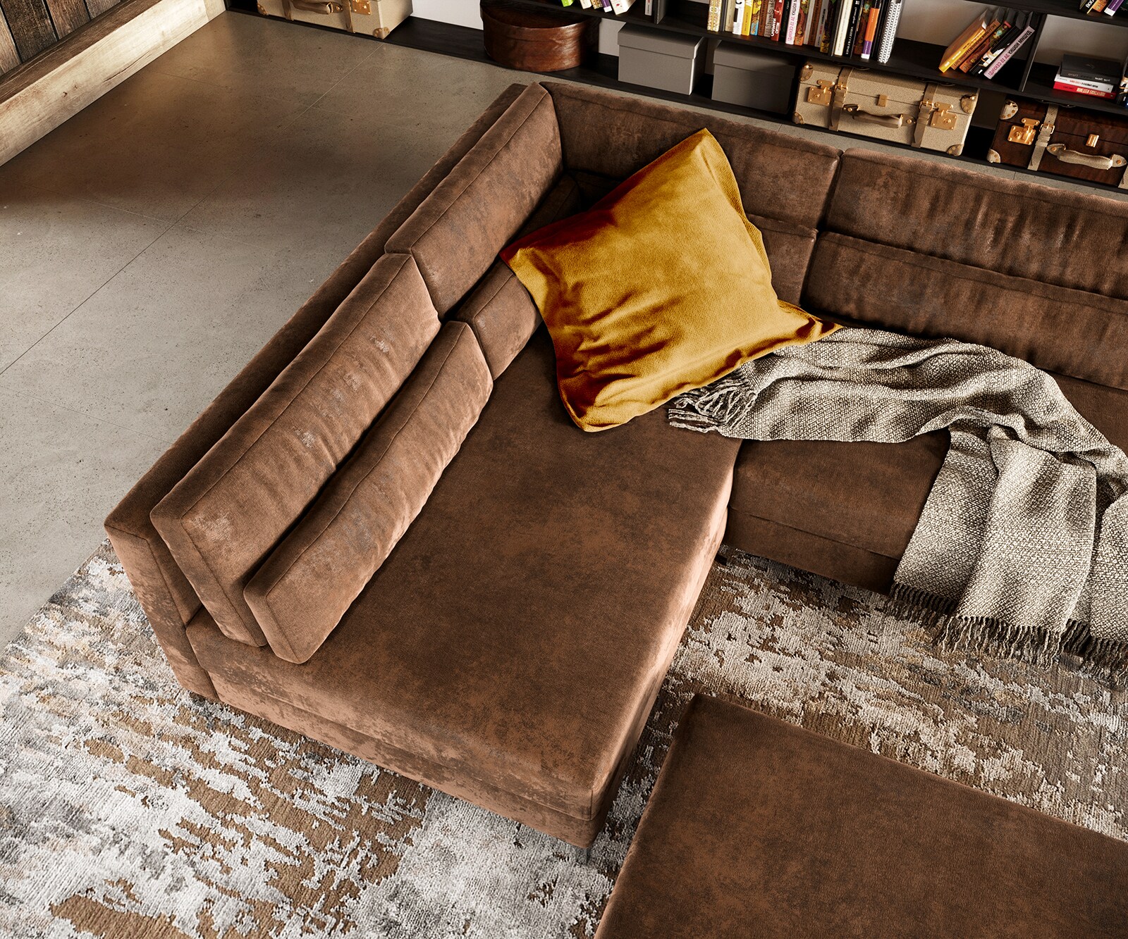 Canapé-panoramique Elio 300x185 cm simili cuir vintage marron antique avec pouf 7