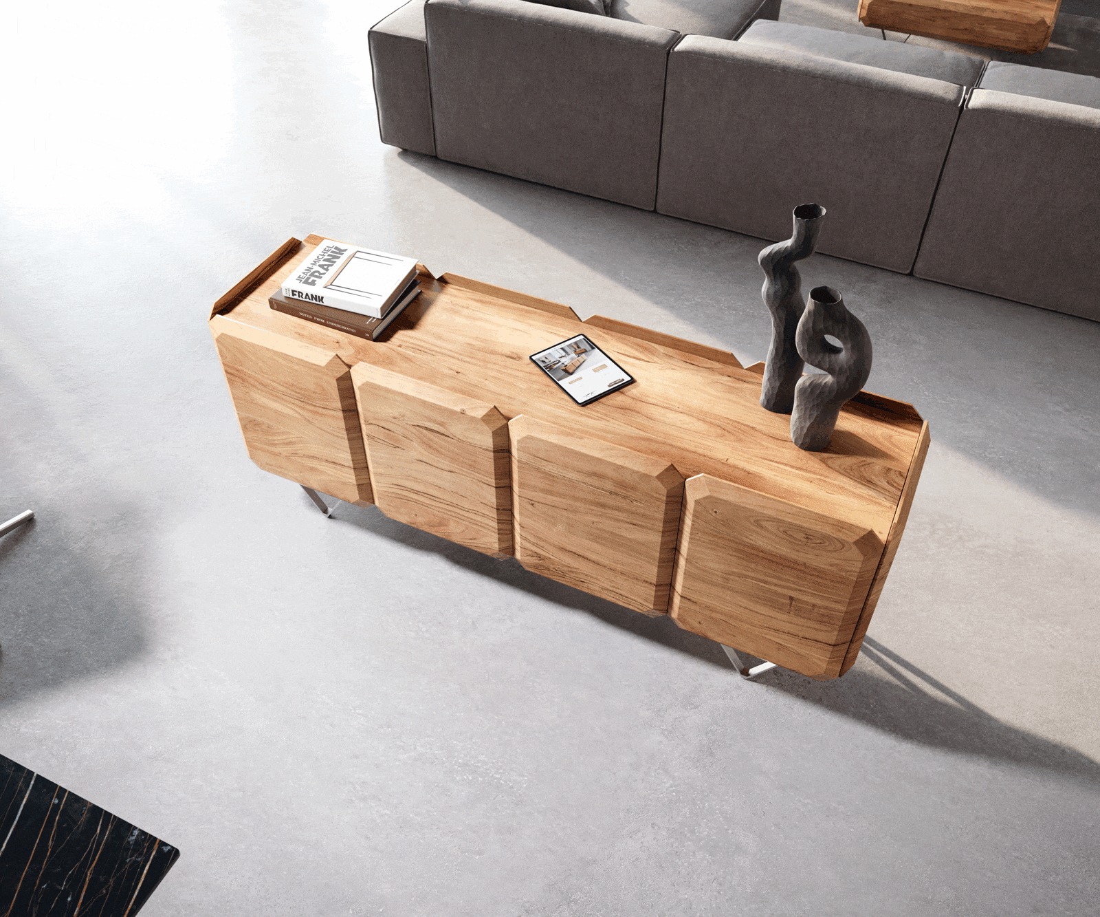 Buffet Kiano 175 cm Acacia Nature 4 Portes Pied en V Acier inoxydable Séparateur de pièce 2 Buffet Kiano 175 cm Acacia Nature 4 Portes Pied en V Acier inoxydable Séparateur de pièce 2