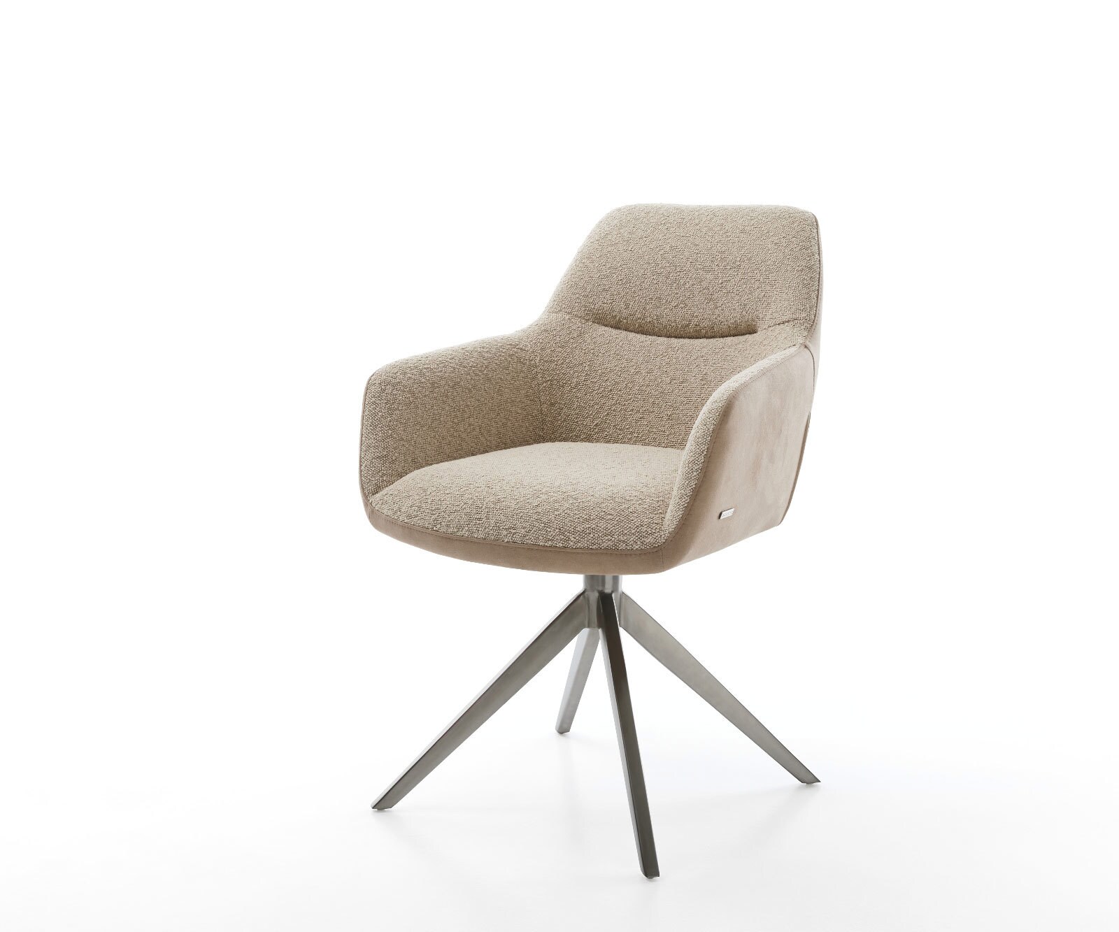 Chaise-pivotante Pejo-Flex tissu mixte couleur boue pied croisé large acier inoxydable brossé pivotement sur 360° fonction bascule ressorts ensachés
