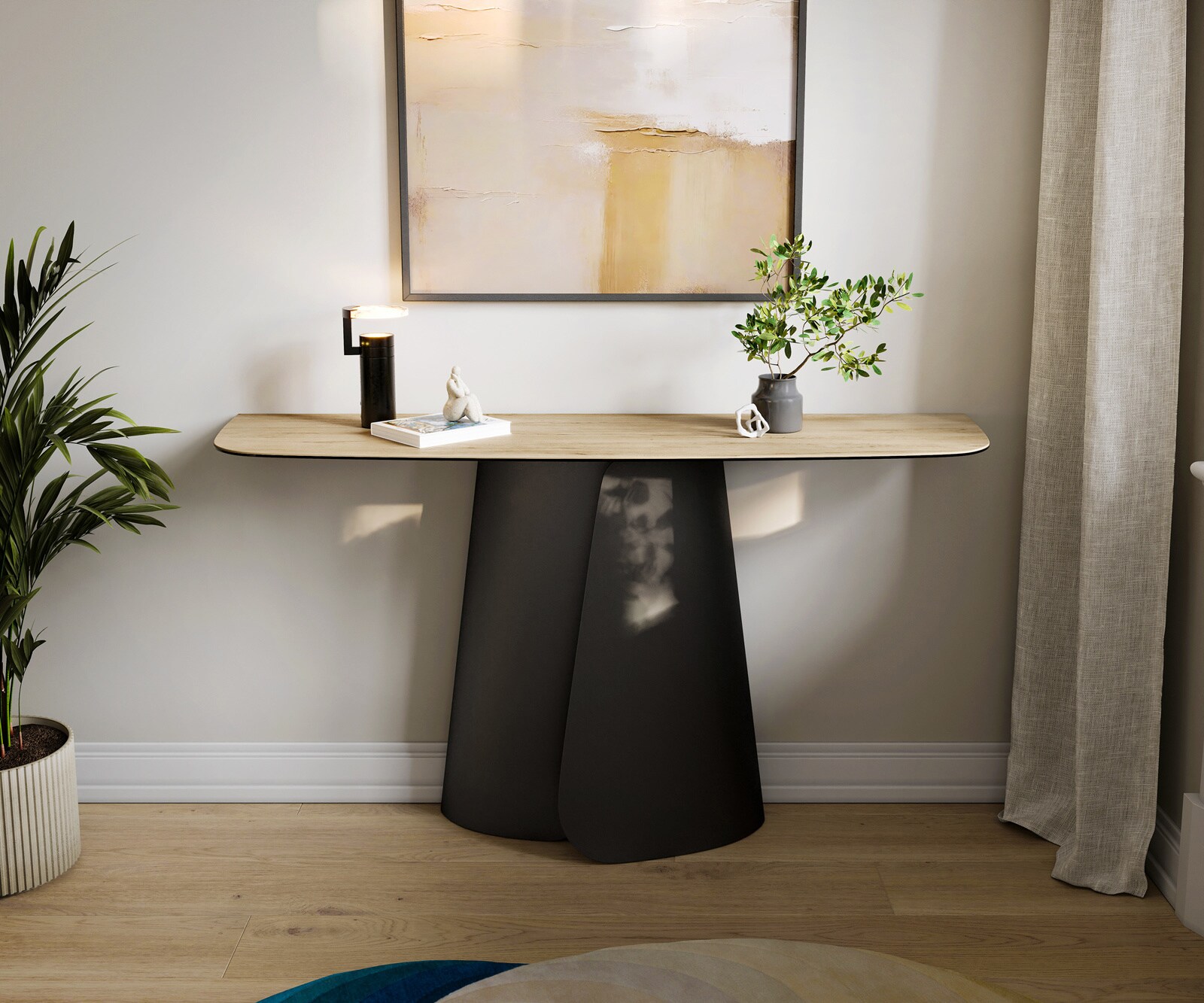 Console Edge forme bateau 140x40 cm Céramique Laminam® Sabbia Eichefarbig Livos Métal Noir 1
