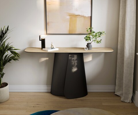 Console Edge forme bateau 140x40 cm Céramique Laminam® Sabbia Eichefarbig Livos Métal Noir