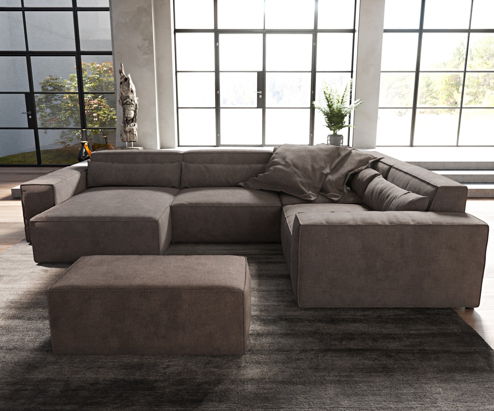 Canapé panoramique Sirpio 300x200 cm Microfibre Marron Kaki Recamiere variable avec Tabouret 2
