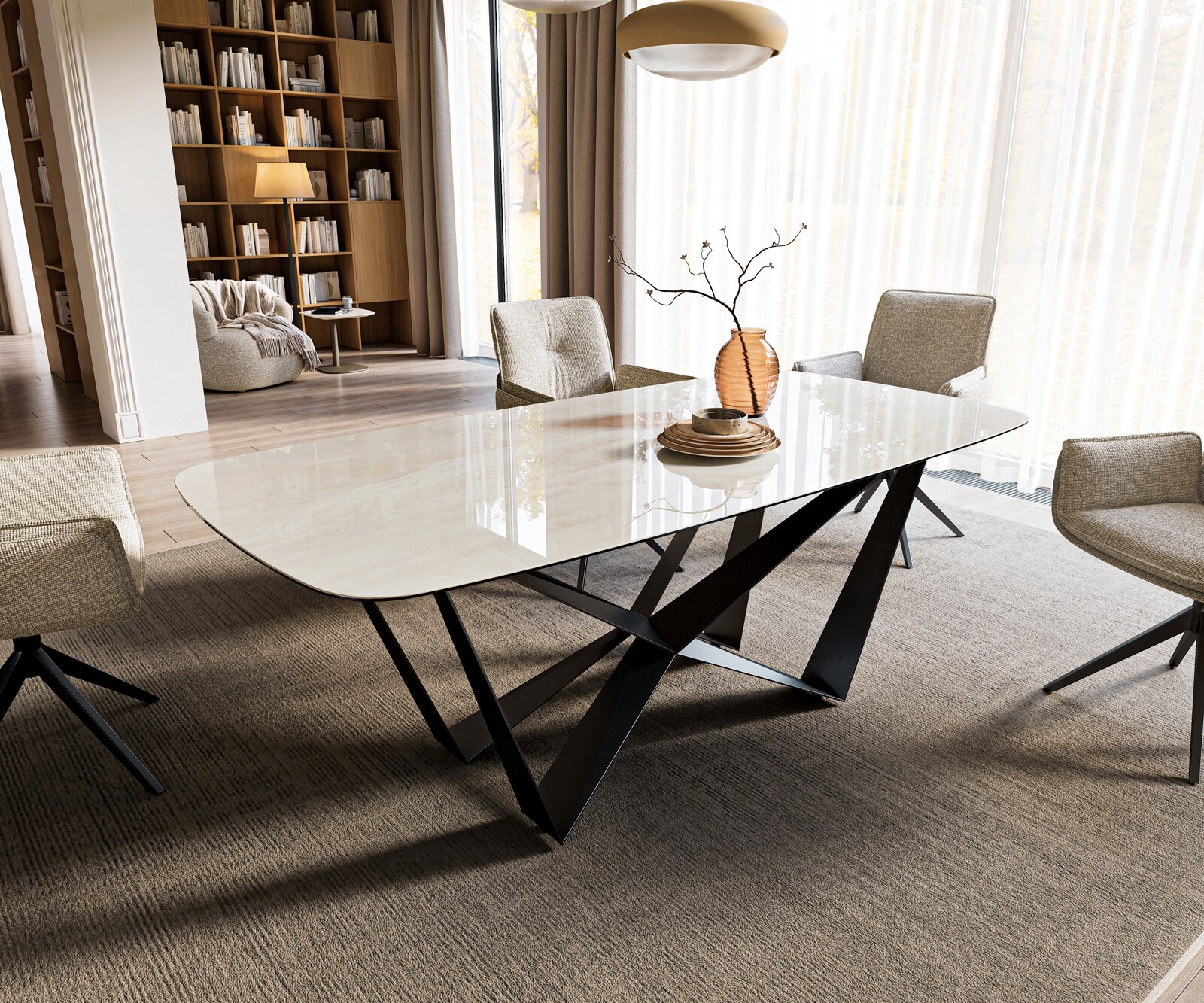 Table à manger Edge bateau 200x100 cm céramique Onyx Champagne Spider acier plat noir 1