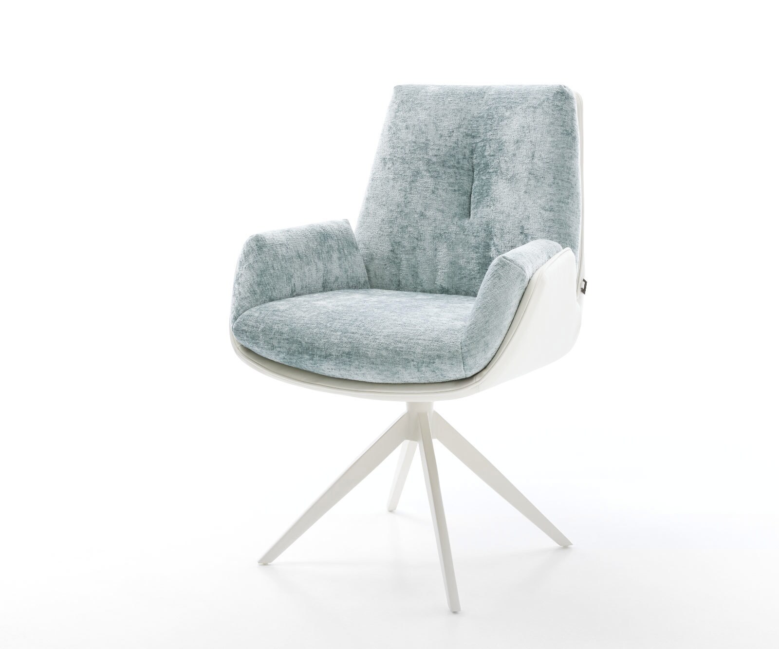 Chaise-pivotante Clea-Flex tissu mixte cuir de vache blanc-bleu pastel pied croisé large blanc pivotement sur 360° fonction bascule