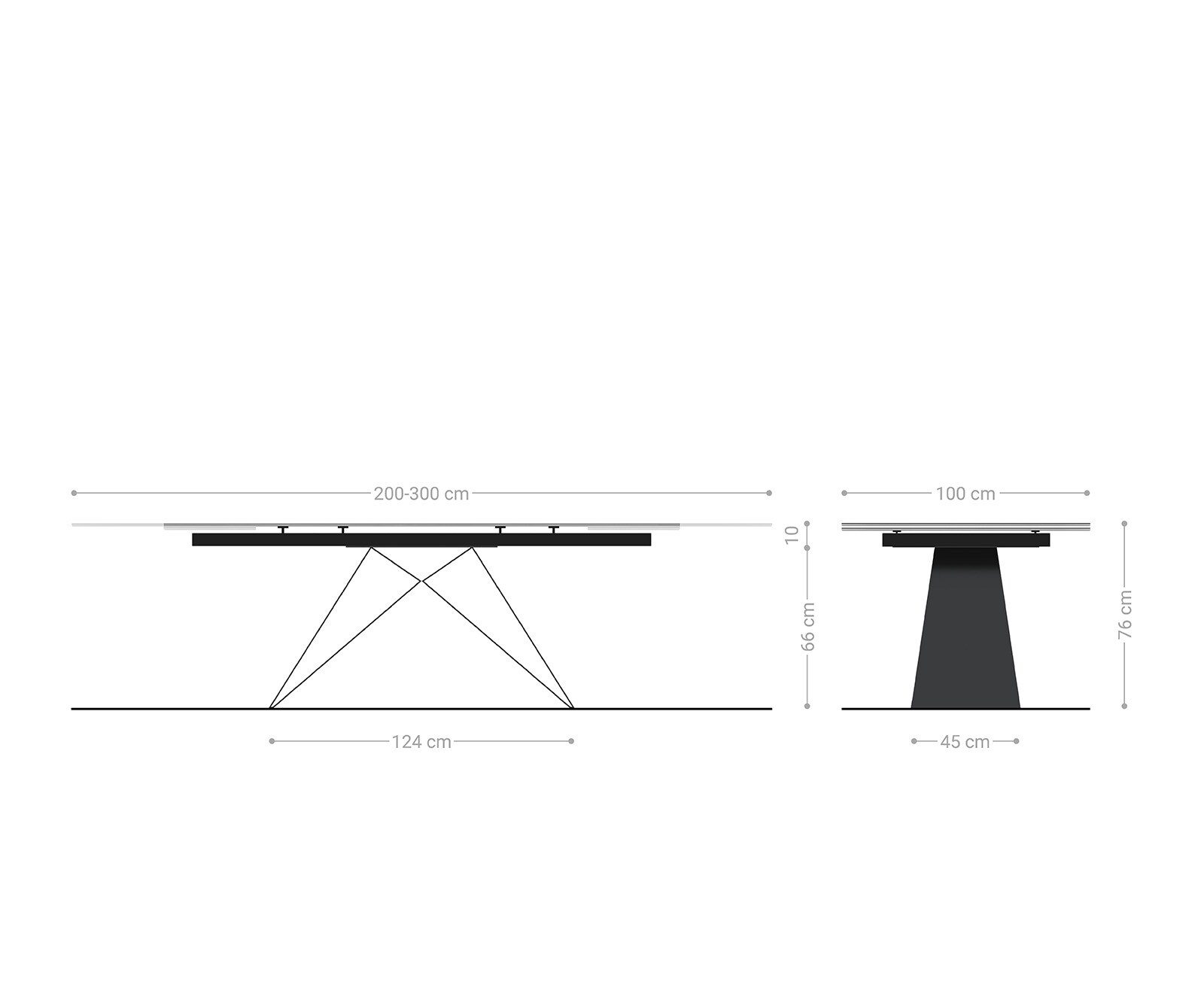 Table à manger Edge 200-300x100 céramique Laminam®Nero Greco gris cadre en V acier plat noir extensible 6
