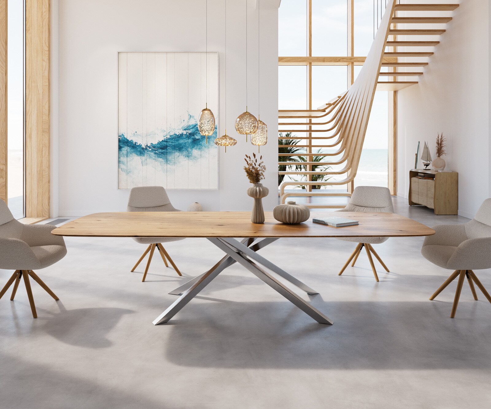 Table à manger Edge Boot 300x120x2,5-3 chêne nature cadre croisé rectangle acier inoxydable bord suisse 1