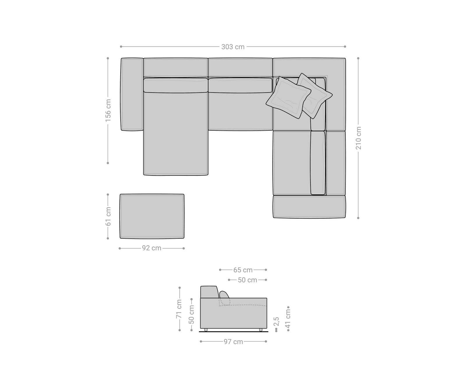 Canapé panoramique Sirpio 300x210 cm Microfibre Noir Recamiere variable avec Tabouret 8