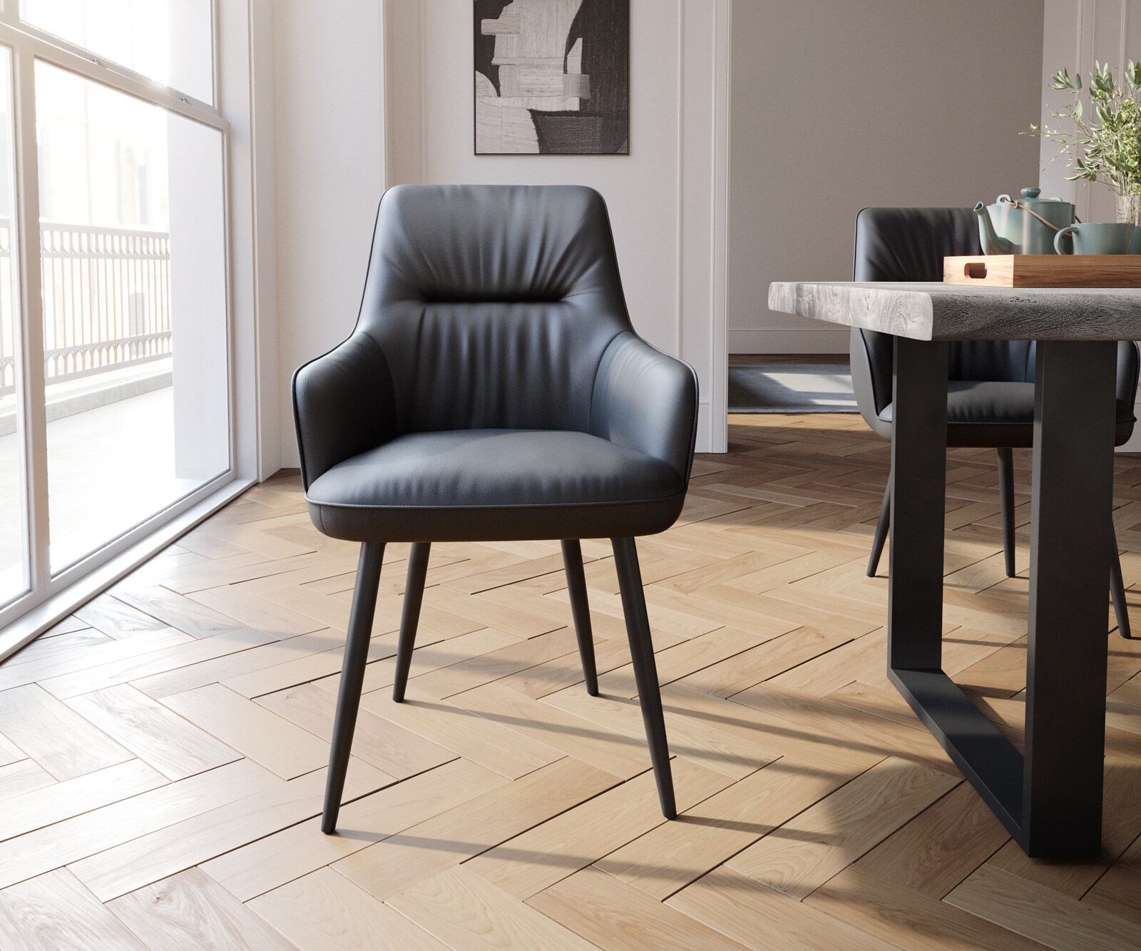 Chaise-de-salle-à-manger Zelia-Flex avec accoudoirs cuir de vache noir 4 pieds coniques noir ressorts ensachés 1