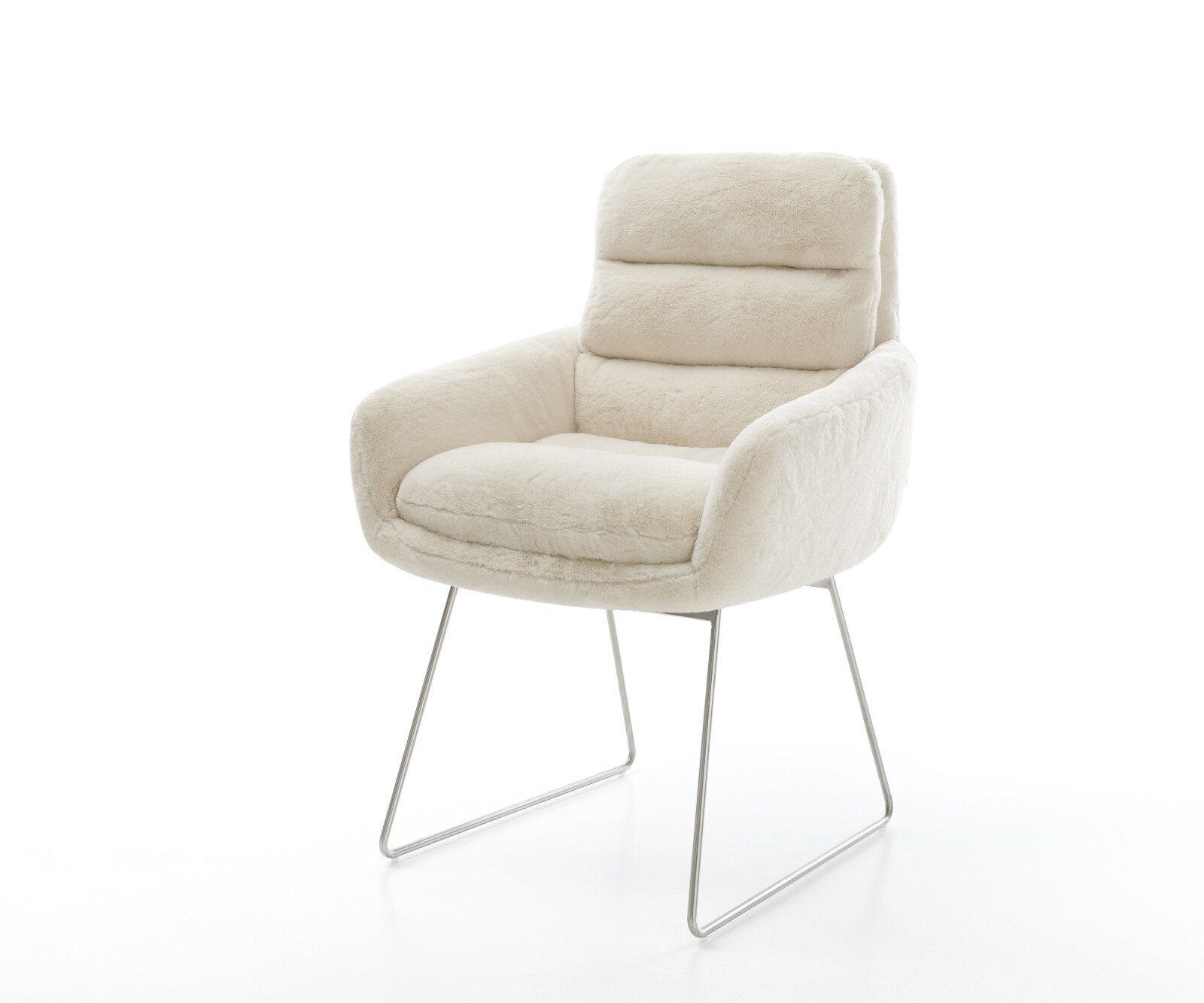 Chaise-de-salle-à-manger Abelia-Flex avec accoudoirs peluche crème-blanc pied trapèze acier inoxydable