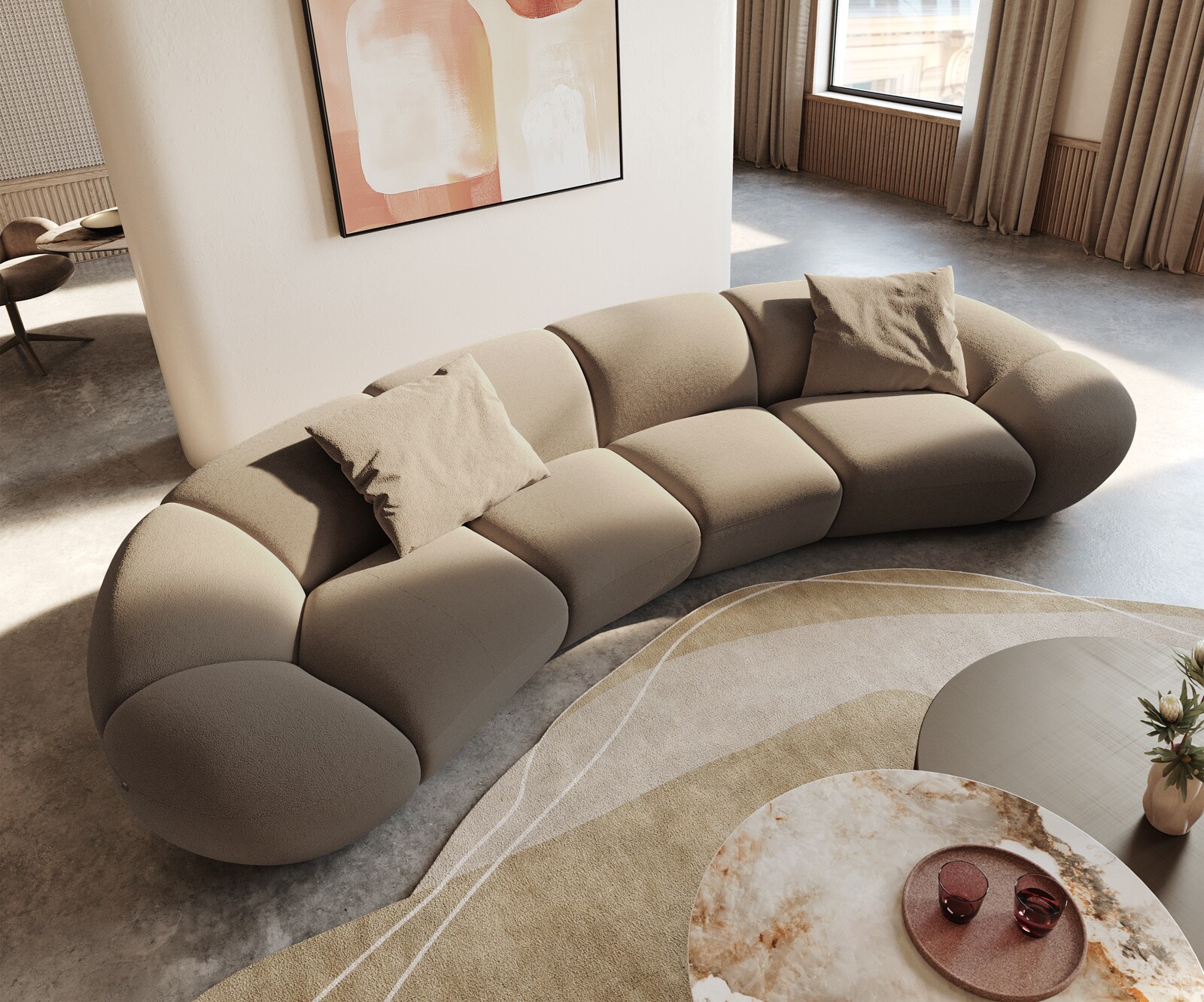 Bigsofa Lunna 360x175 cm Bouclé fin Taupe2 coussins 1