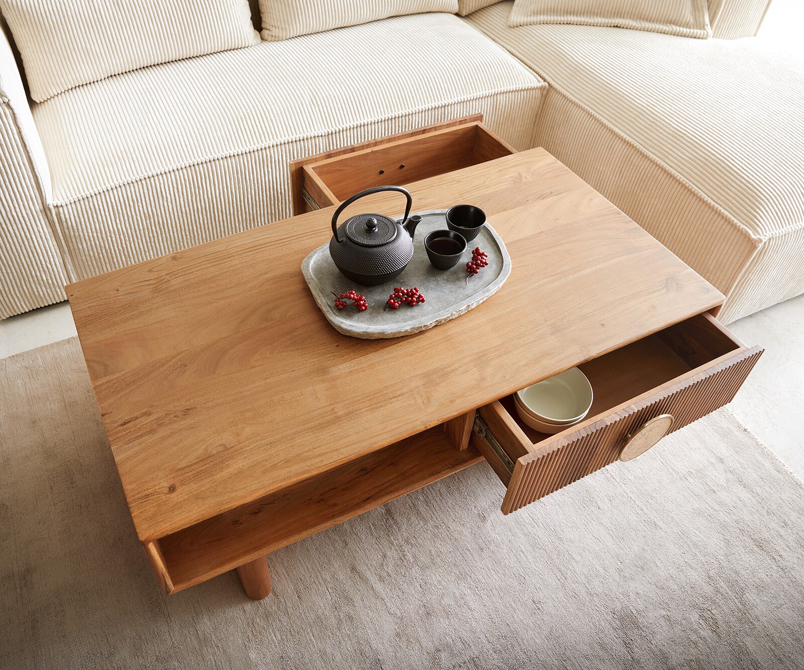 Table-basse Surimu 115x60 cm acacia brun clair 2 tiroirs liège-poignée pieds en bois 3