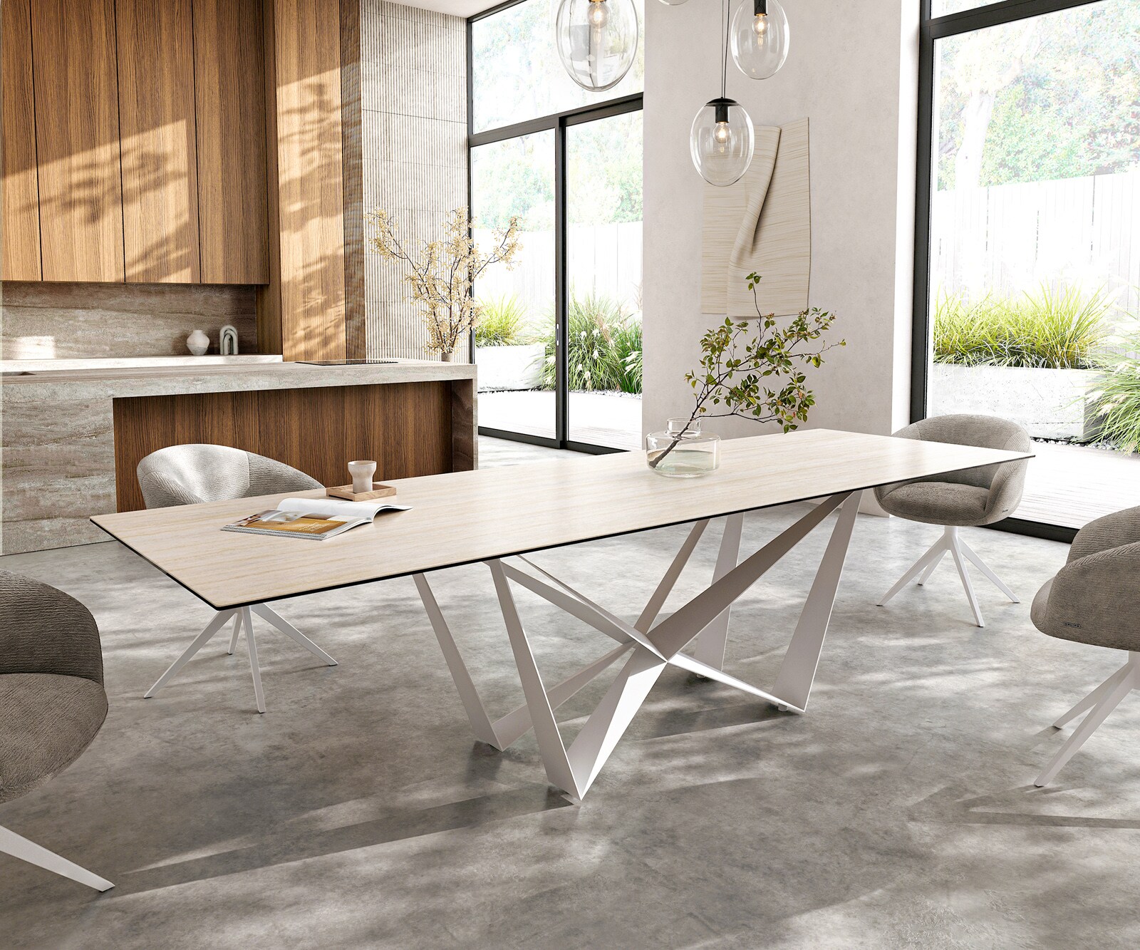 Table à manger Edge 300x100 céramique Laminam® Travertino Bianco crème-blanc Spider métal blanc 8
