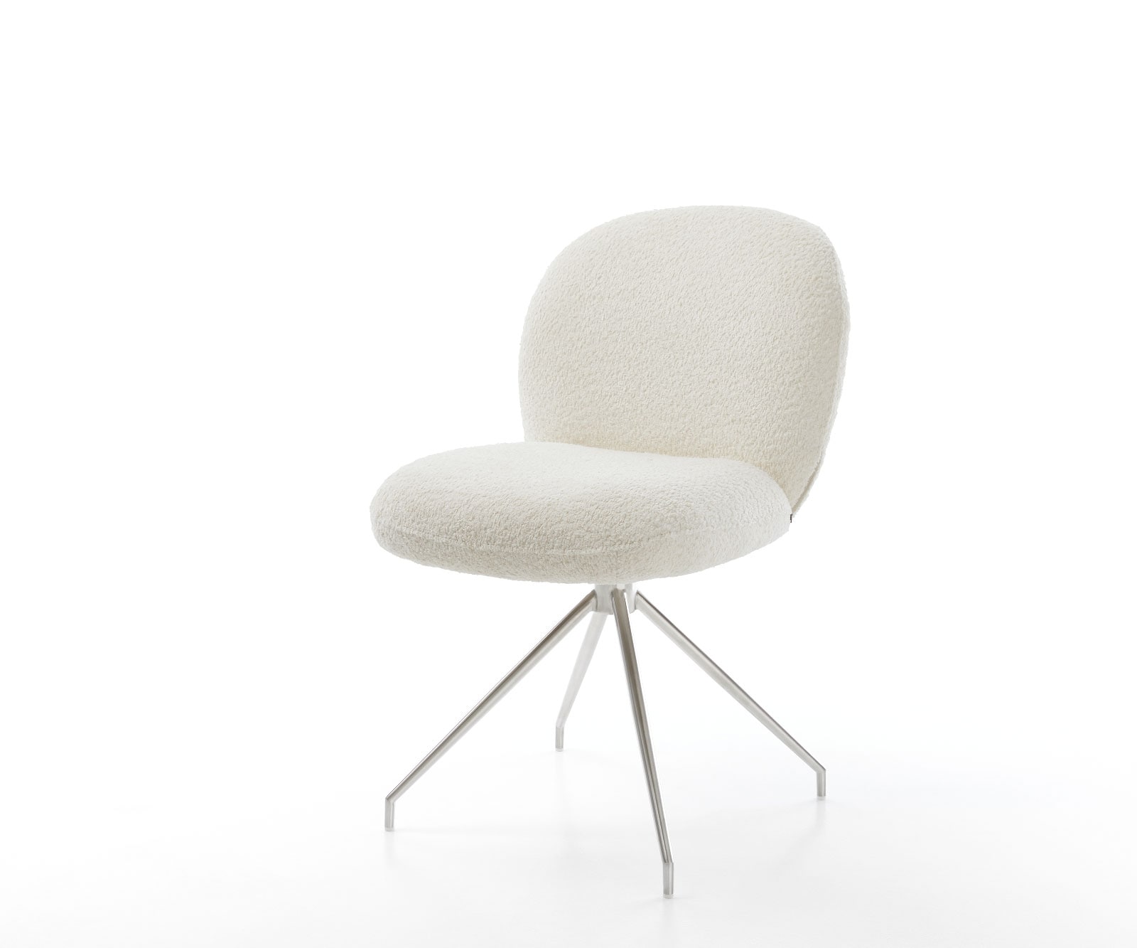 Chaise-pivotante Nube-Flex bouclé blanc pied croisé conique acier inoxydable brossé pivotement sur 180° ressorts ensachés