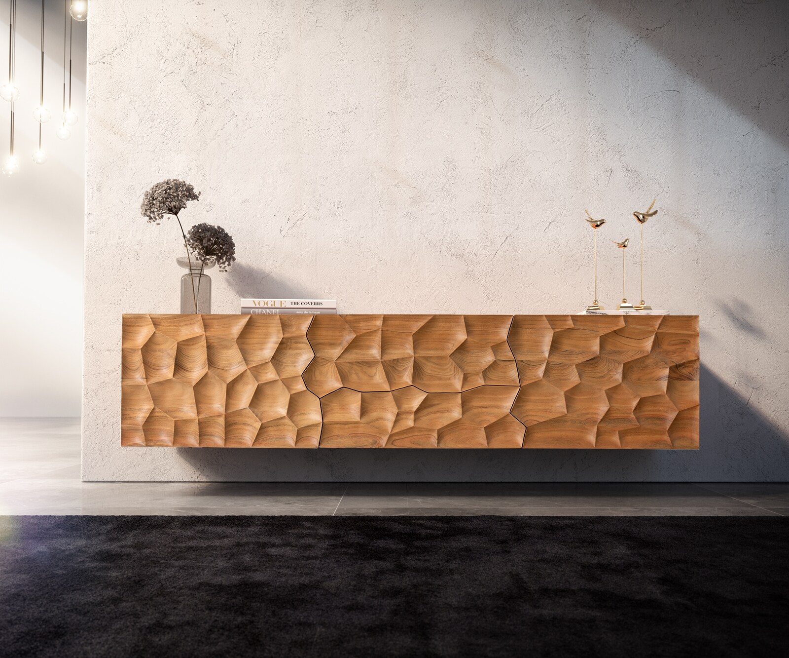 Meuble-TV Solu 175 cm acacia naturel 2 portes 2 tiroirs flottant façade 3D 1