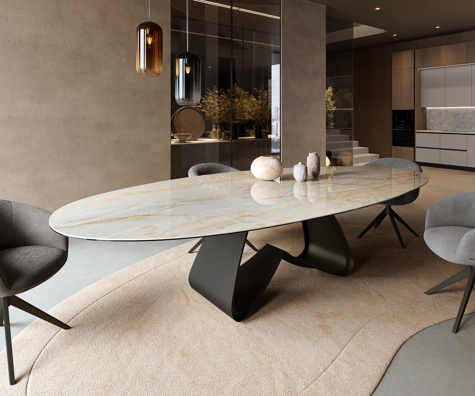 Table à manger Edge Oval 315x150 cm Céramique Iris FMG Onice Oro piètement en W Métal Noir 1