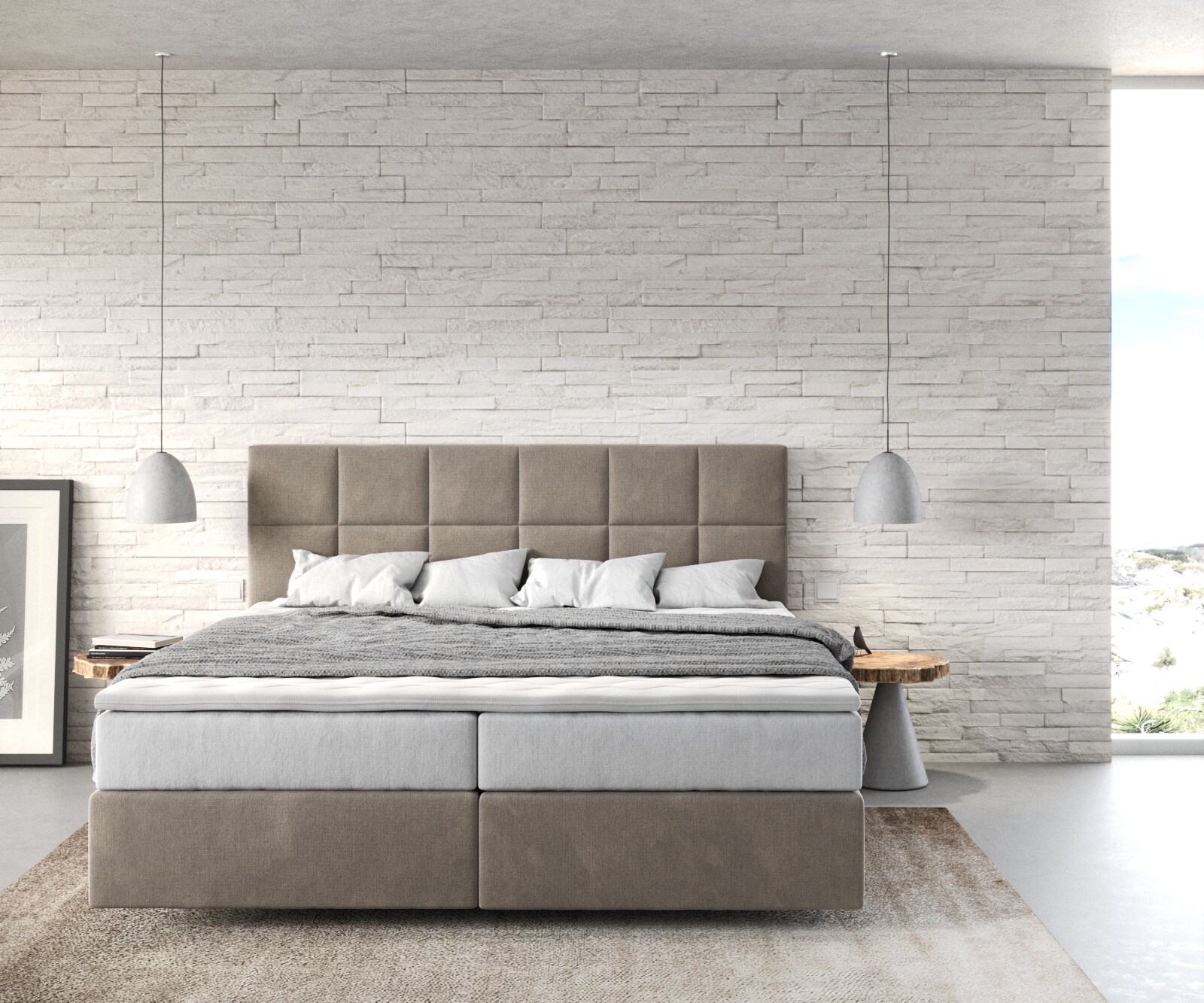 Lit-à-sommier-tapissier Dream-Fine 180x200 cm Microfibre Beige avec matelas TFK et surmatelas viscoélastique 1