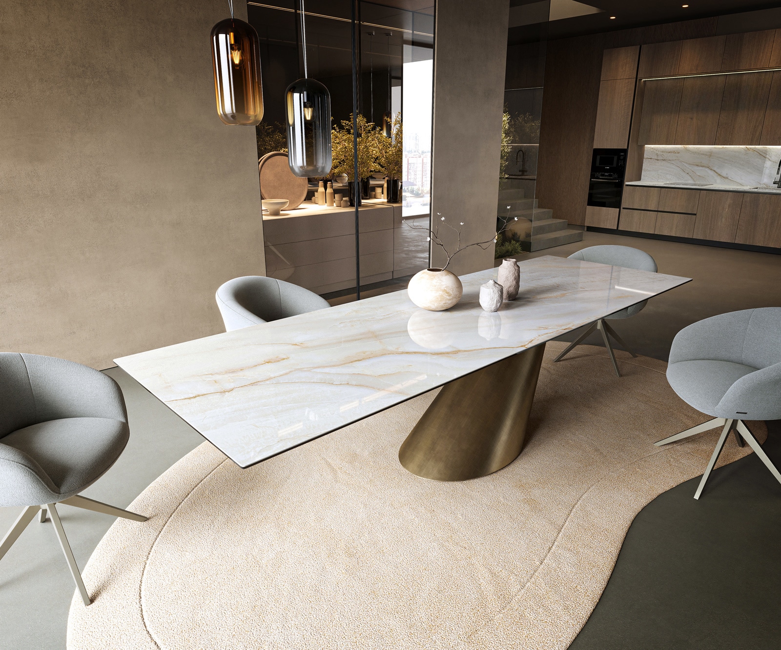 Table à manger Edge 300x100 cm céramique Onyx Pearl Cono métal doré 1