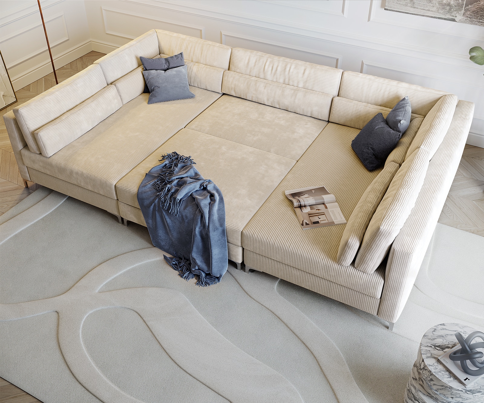 Canapé panoramique Elio 300x185 cm Velours côtelé beige avec tabouret 4 Canapé panoramique Elio 300x185 cm Velours côtelé beige avec tabouret 4