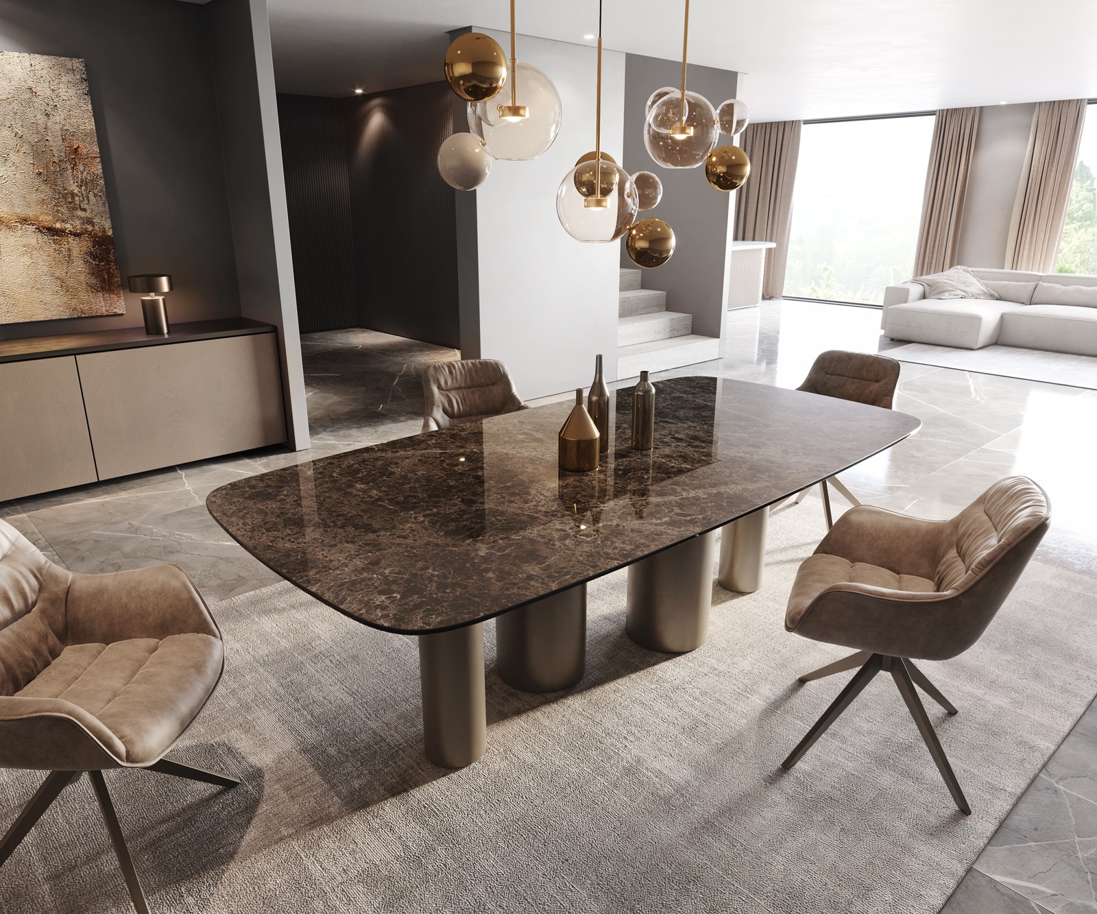 Table à manger Edge Boot 240x120 Laminam® Emperador Extra Lucidato Marron foncé Pilier Métal finition à effet Titane 1