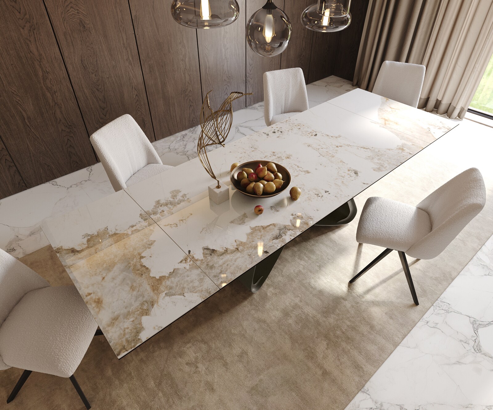Table à manger Edge 200-300x100 Céramique Minas Melange Blanc-Beige cadre en W Effet Titane Extensible 5