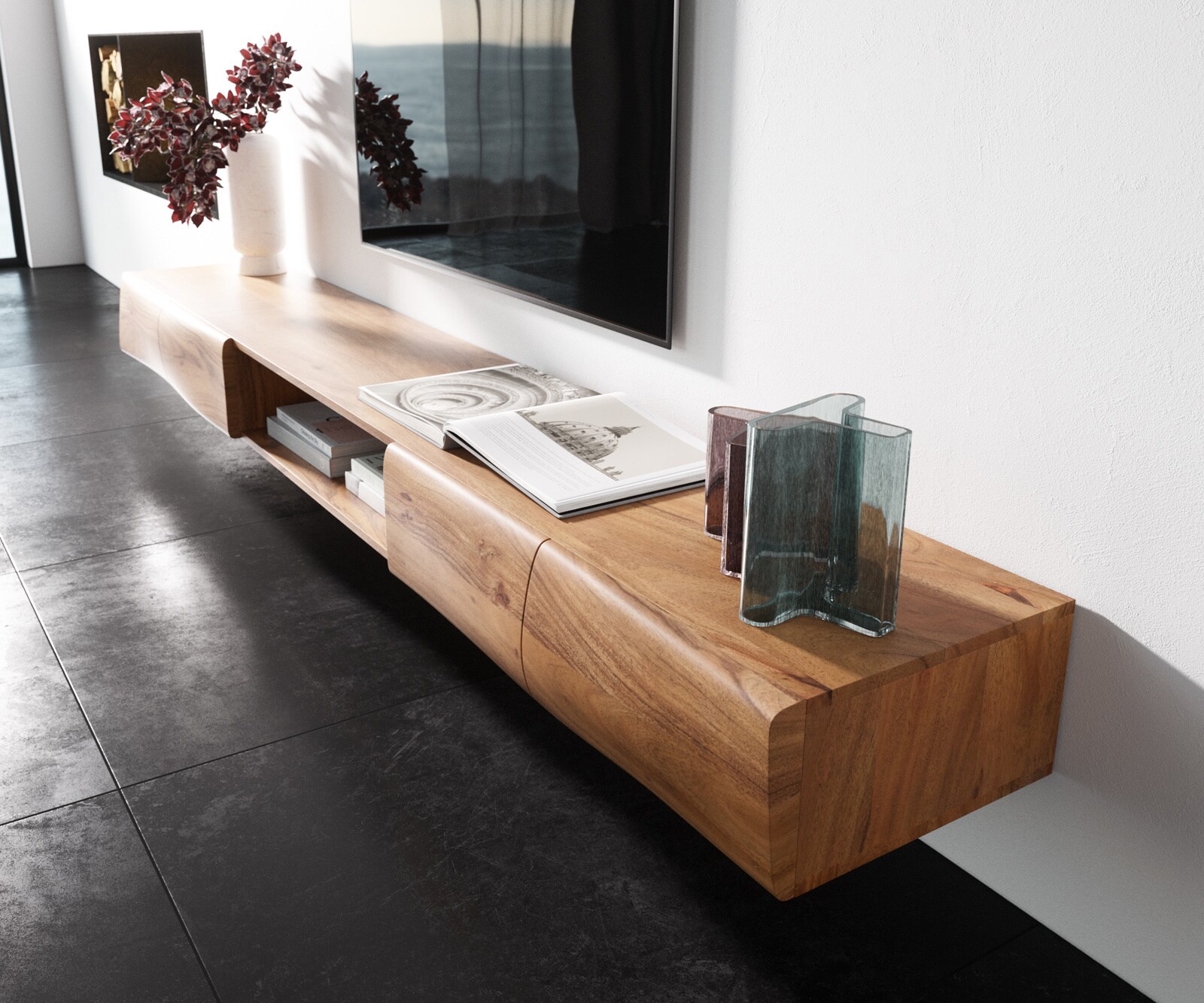 Meuble TV New Live-Edge 240 cm acacia naturel 4 portes 1 compartiment ouvert 1