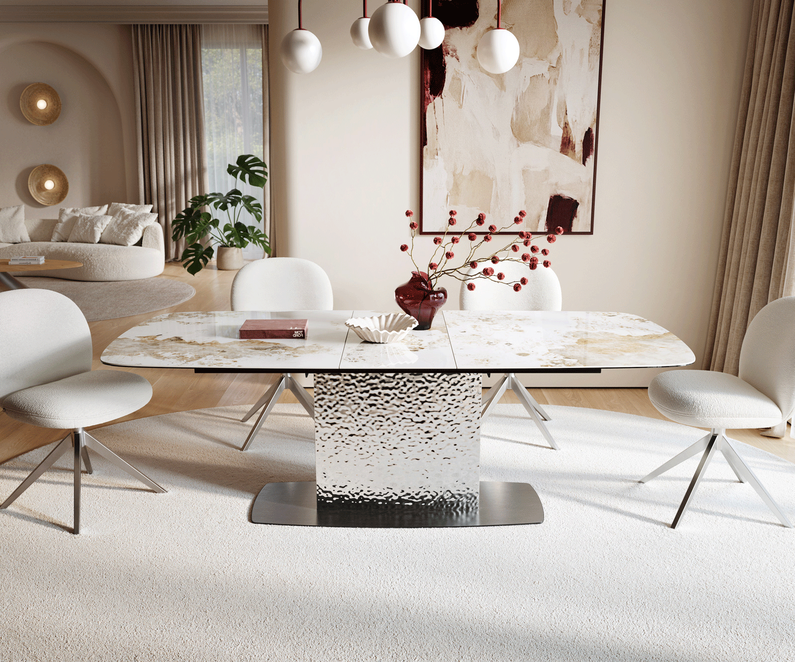 Table à manger Edge 180-220x100cm Céramique Minas Mélange Blanc-Beige Wave acier inoxydable extensible 2