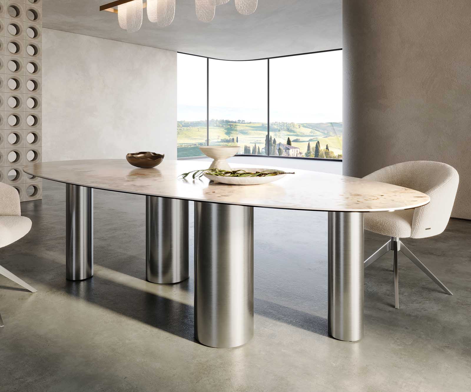 Table à manger Edge Oval 280x130 Céramique Minas Melange Blanc-Beige Pilier Acier inoxydable 5