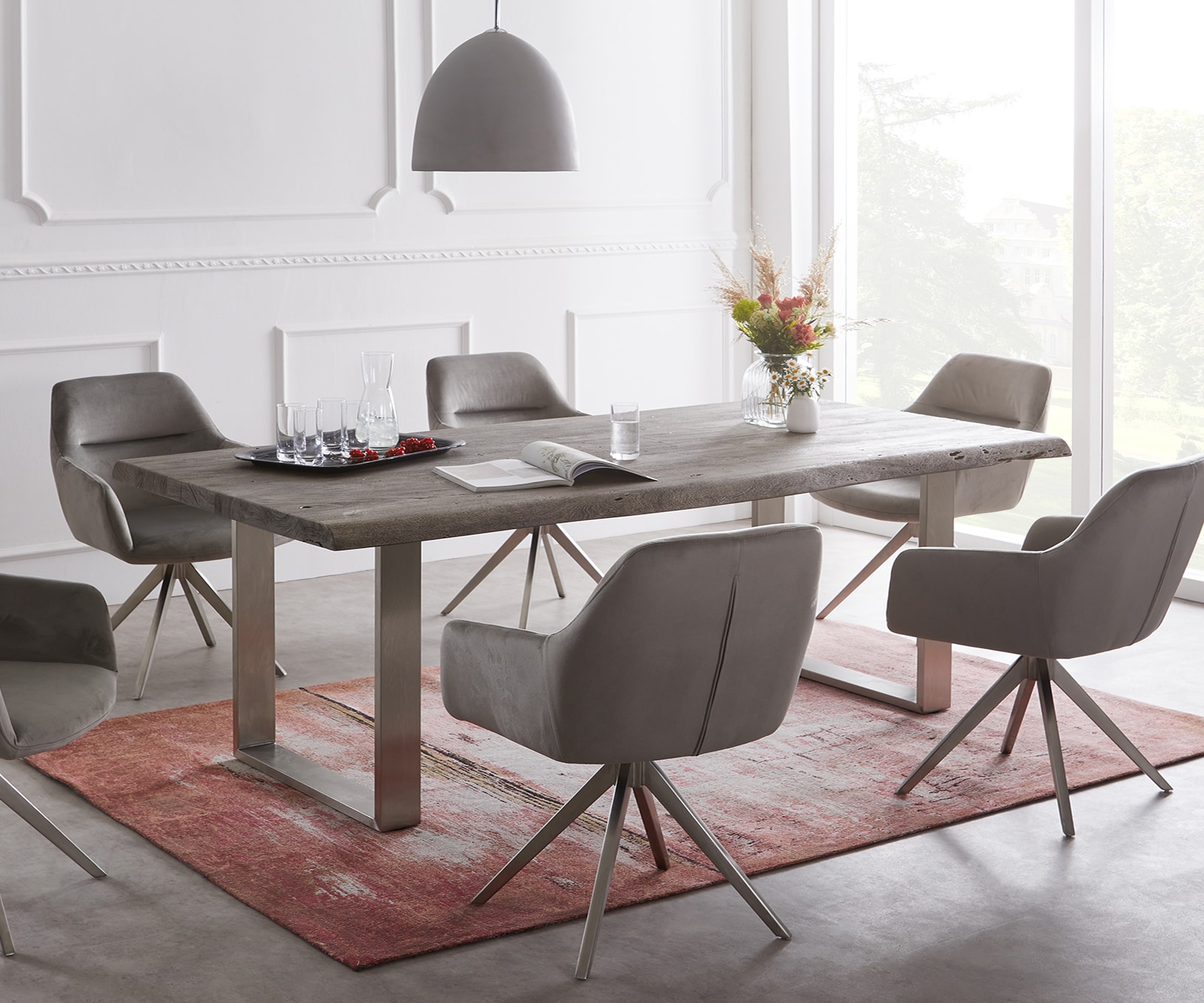 Table-à-manger Edge 200x100 XL acacia platine acier inoxydable mince Live-Edge Table-à-manger Edge 200x100 XL acacia platine acier inoxydable mince Live-Edge