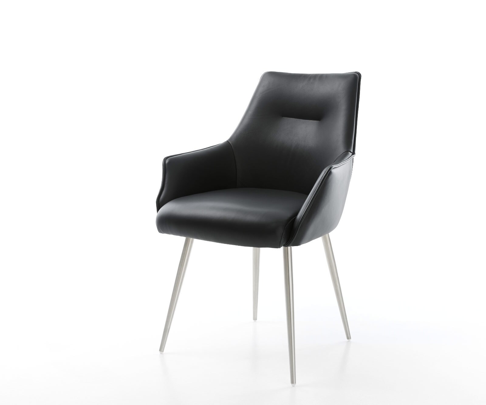 Chaise-de-salle-à-manger Alja-Flex avec accoudoirs cuir de vache noir 4 pieds coniques acier inoxydable brossé ressorts ensachés 1